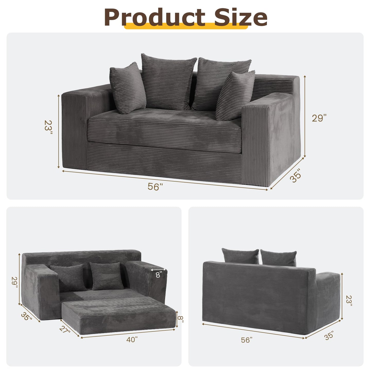 cidludto Convertible Sofa Bed, 3 in 1 Loveseat Folding Couch Bed Foldable - Boneless Couch & Floor Futon, Corduroy Pull Out Sofa Bed with 4 Pillows for Living Room, Grey