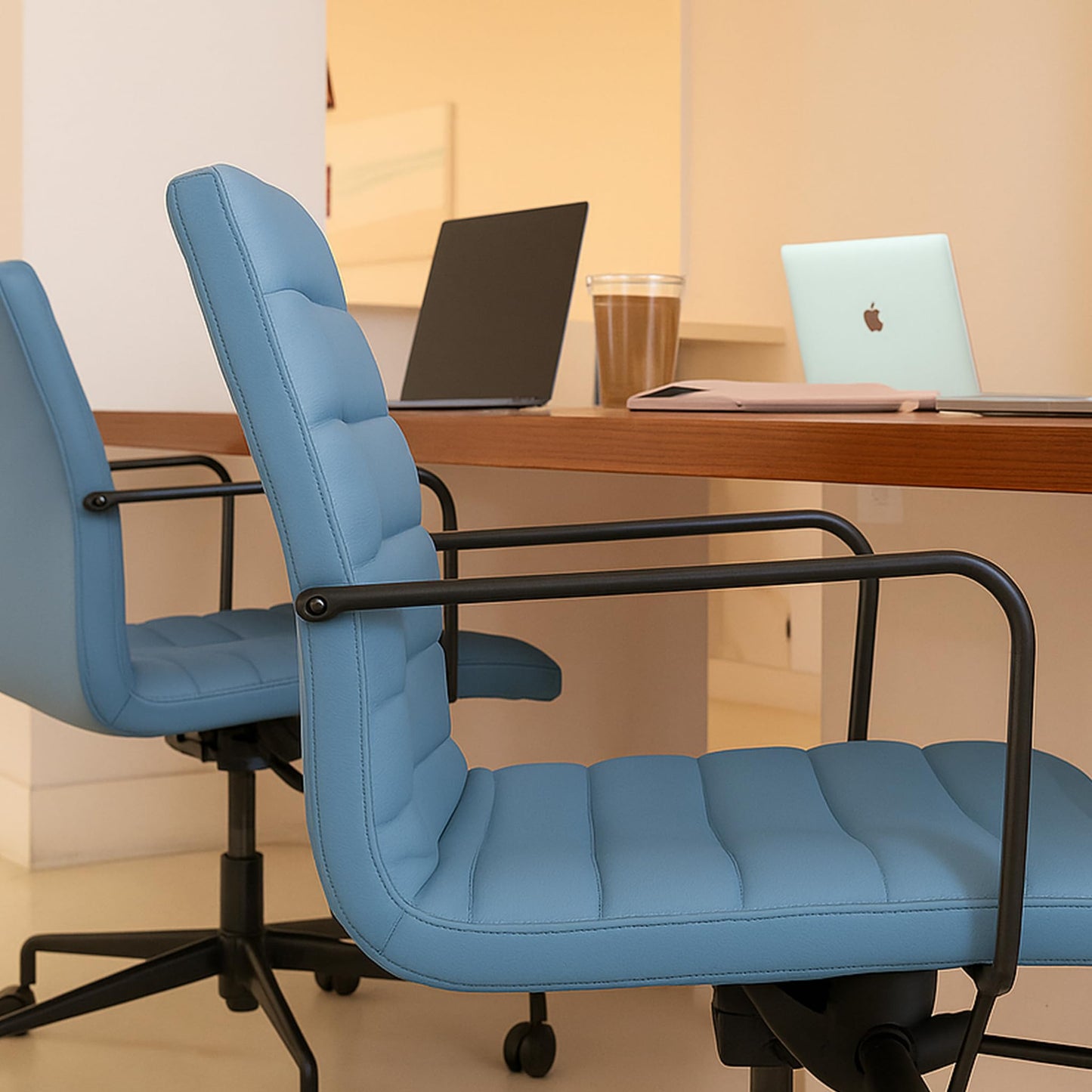 Laura Davidson Furniture SOHO II Ribbed Office Chair - Mid Back Desk Chair, Ergonomically Designed with Arm Rest & Swivel, Made of Faux Leather, Coastal Blue with Black Frame, Computer Chair