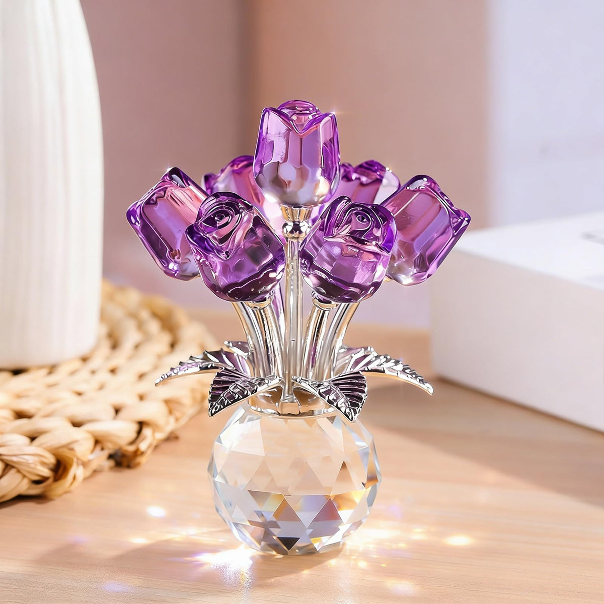 FINGHU Figurine Crystal Purple Rose Flower Collectible Figurine, Rose Gift for Women Glass Flower Statues Decor Valentine's Day Mother's Day Thanksgiving Anniversary and Birthday Gifts