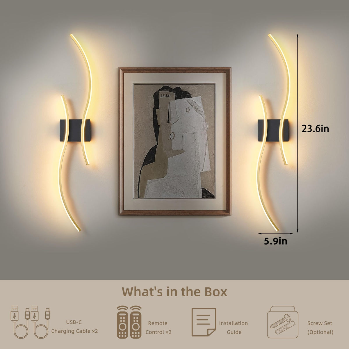 GLOTHOR Battery Operated Wall Sconce Set of 2, Dimmable Modern LED Rechargeable Wall Light with Remote Control, Wall Decor for Living Room, Hallway, Quick Install, No Electrician Required