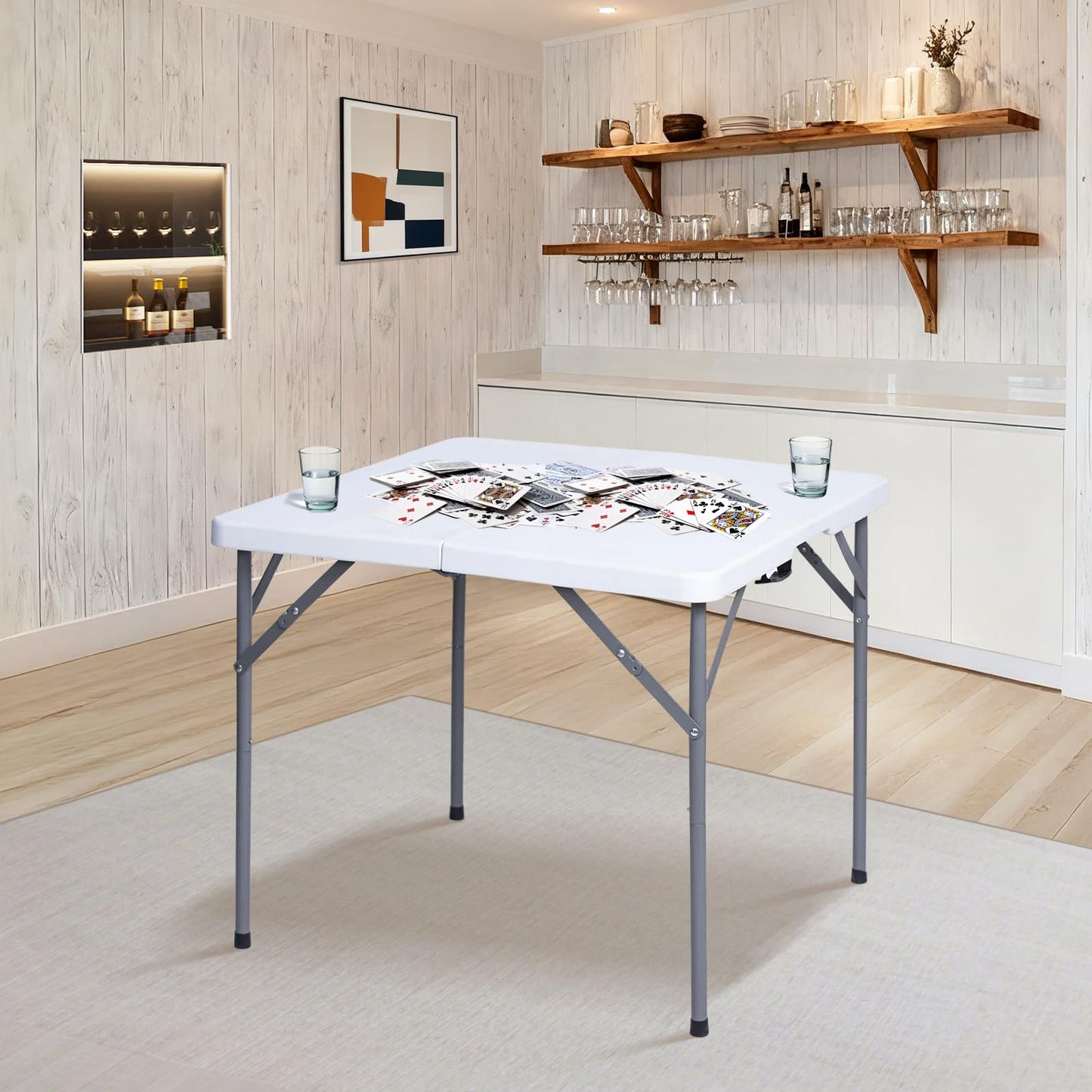 Vampire Killer 34" Square Folding Table Fold-in-Half Utility Dining Portable Table Heavy Duty HDPE with Carrying Handle, Plastic Tables for Camping,Picnic, Office, Party,Card Table (White)