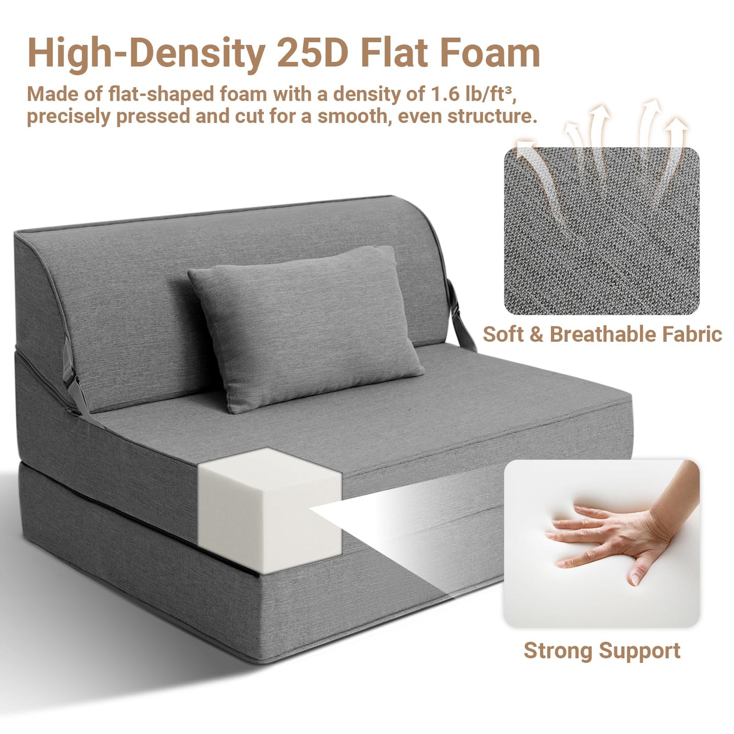 BeBen Folding Sofa Bed Chair, Convertible Sleeper Chair Futon Couch, Foldable Boneless Floor Lounge Sofa, Twin Foam Chair Bed for Small Spaces, Dorm, Guest Room, Living Room, Apartment, Dark Grey