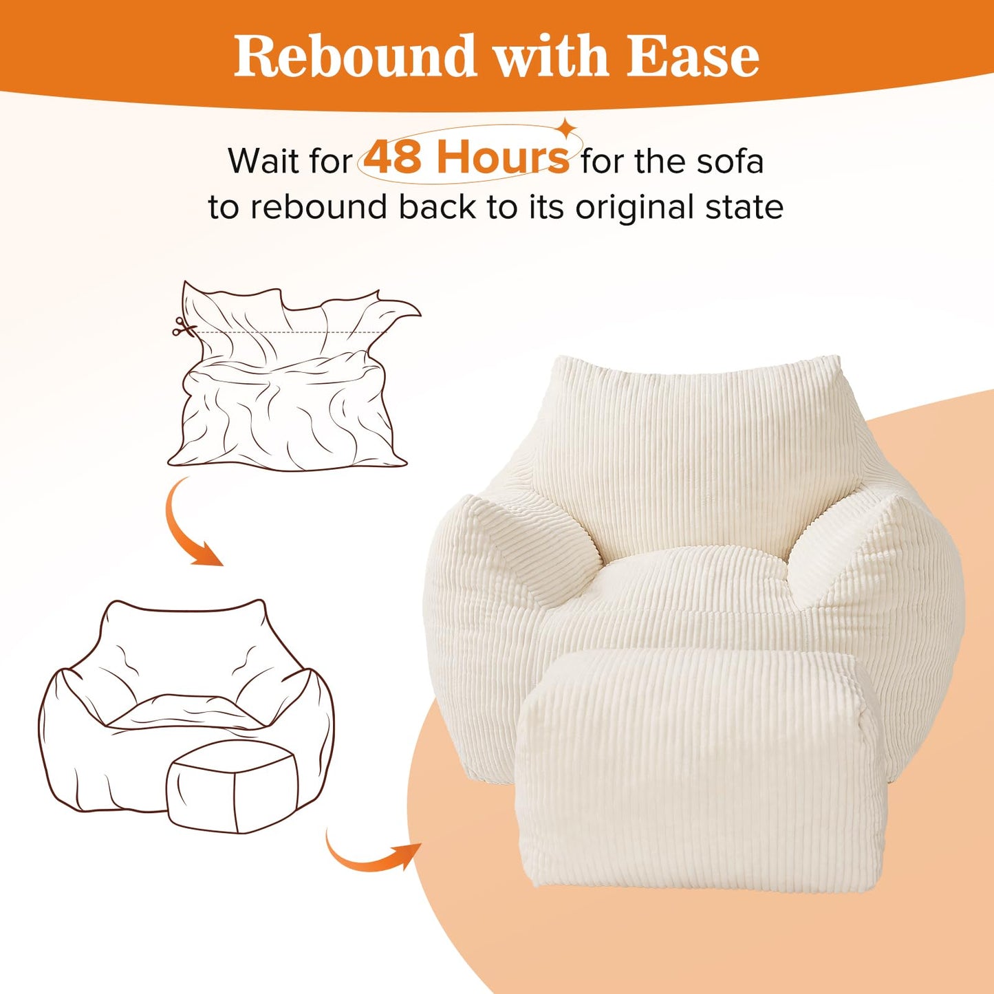 Vellorise Big Bean Bag Chair for Adults, Ultra Soft Living Room Bean Bag with Armrests & Ottoman, Stuffed BeanBag Chair for Napping, Gaming, Vacuum-Compressed for Easy Gifting, 48h to Expand Beige