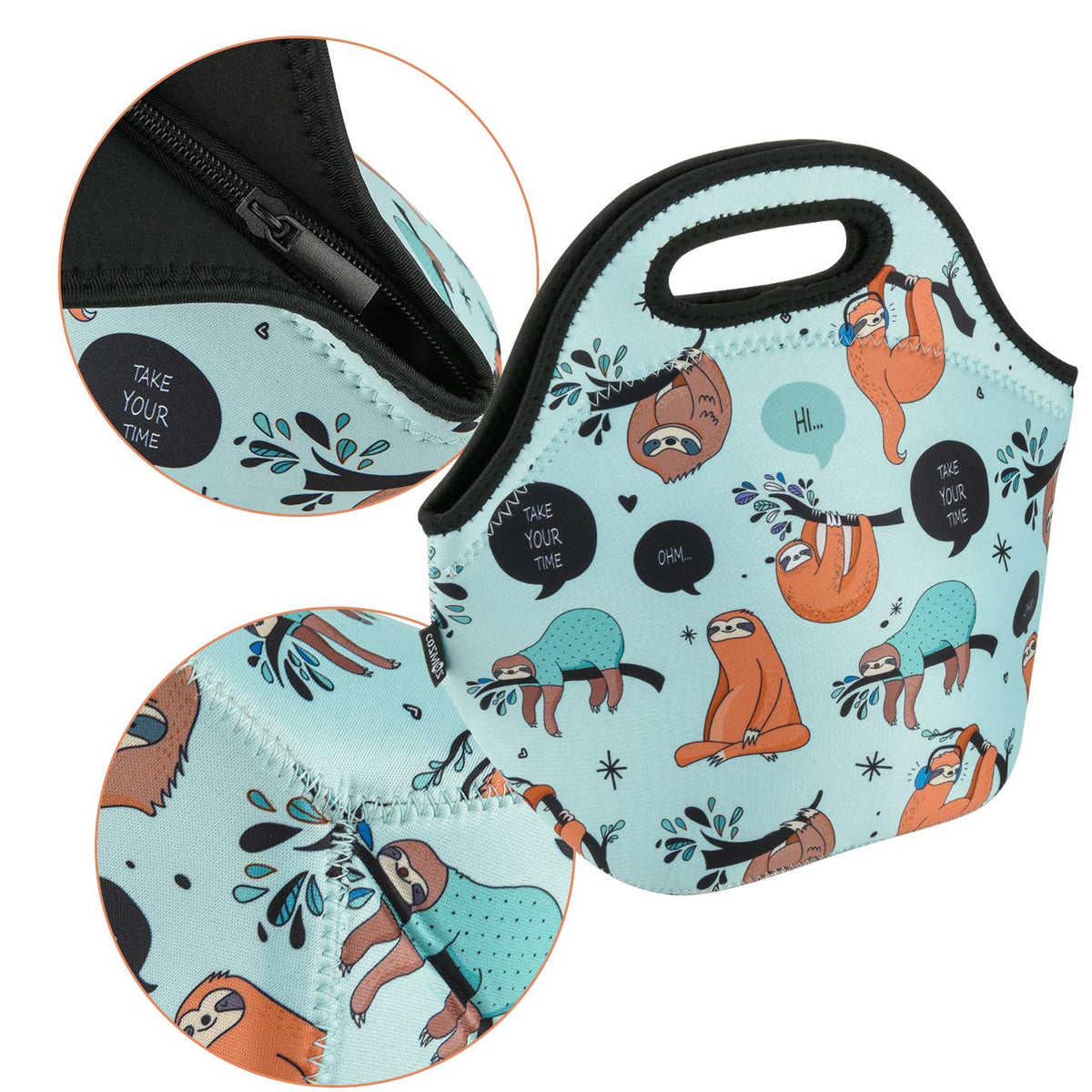 CM Soft Neoprene Tote Picnic Bag Lunch Container Box Organizer for Outdoor Travel (Sloth Pattern)