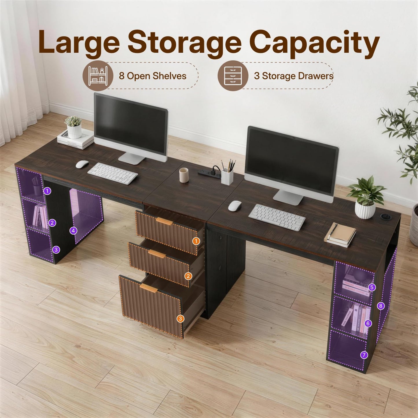 NORTHSKY 96.5" 2 Person Desk with Power Outlet & USB Ports, Double Computer Desk with Drawers & Storage Shelves, Modern Fluted Gaming Desk for Home Office, Black