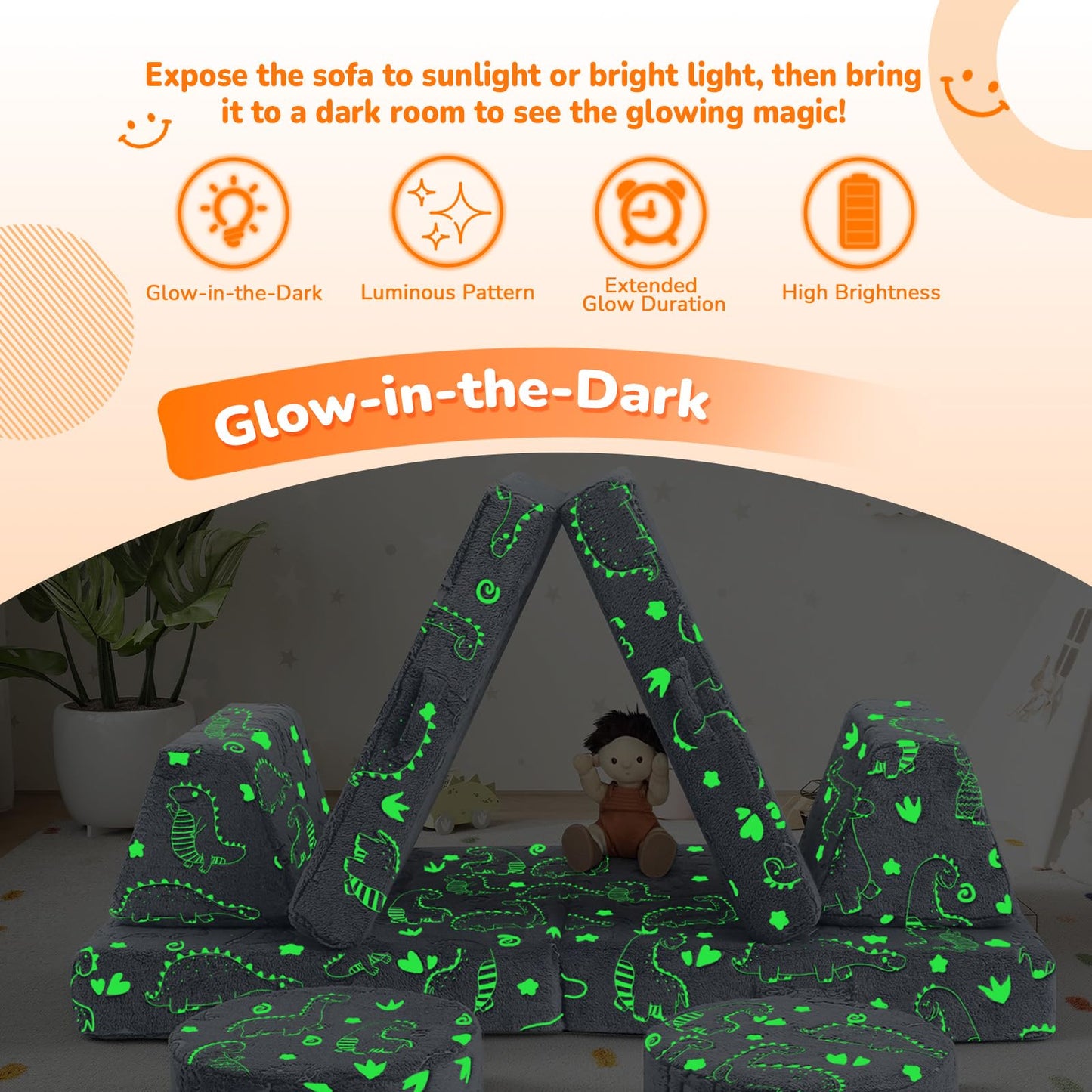 MeMoreCool Kids Couch, Glow in the Dark Dinosaur Foam Play Couch, Ages 3+
