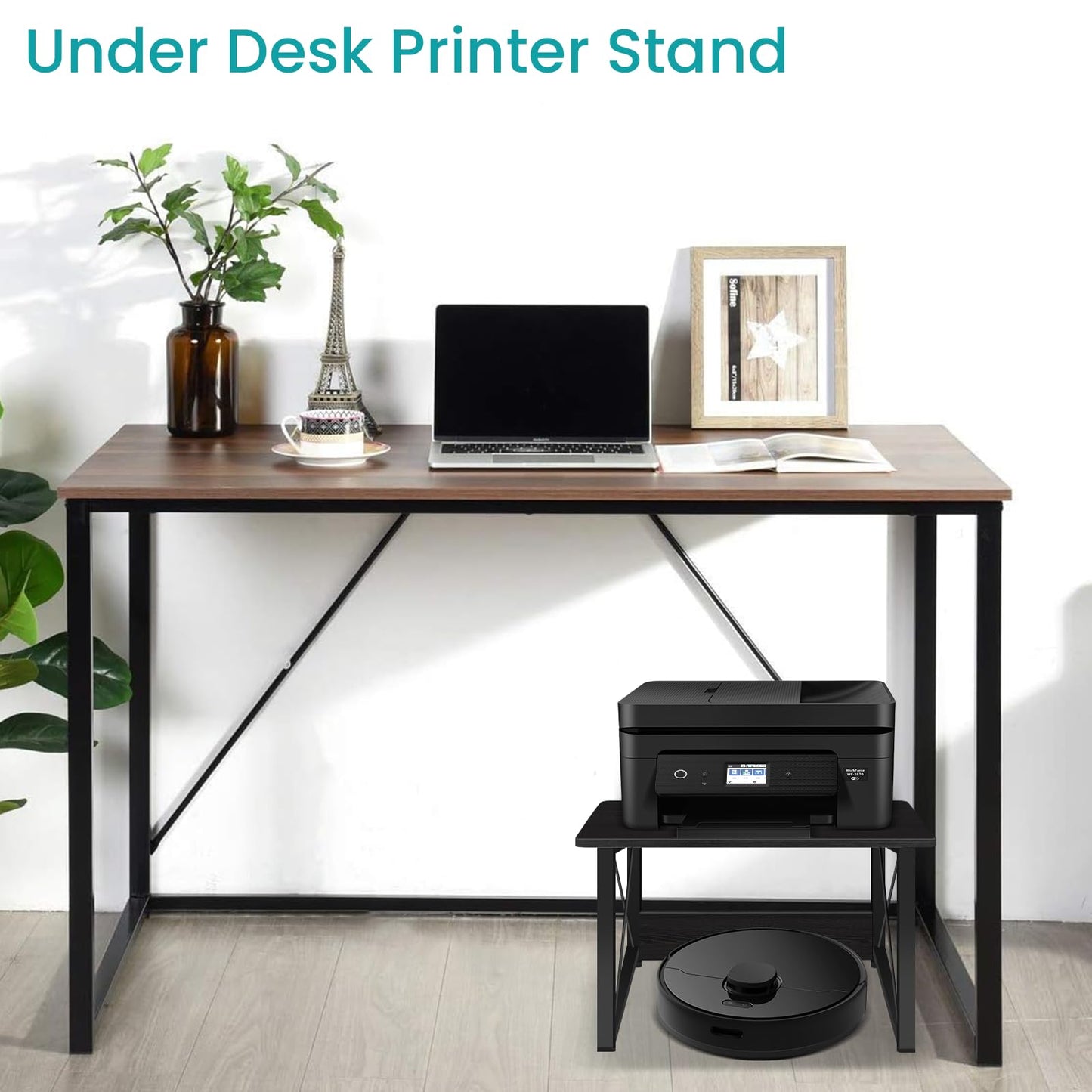 ELITEROO Desktop Printer Stand With Storage, Table Stand Small Desk Shelves Organizer for Home/Office, Multi-Purpose Heavy Duty Riser for Fax Machine Copier Scanner (Black)
