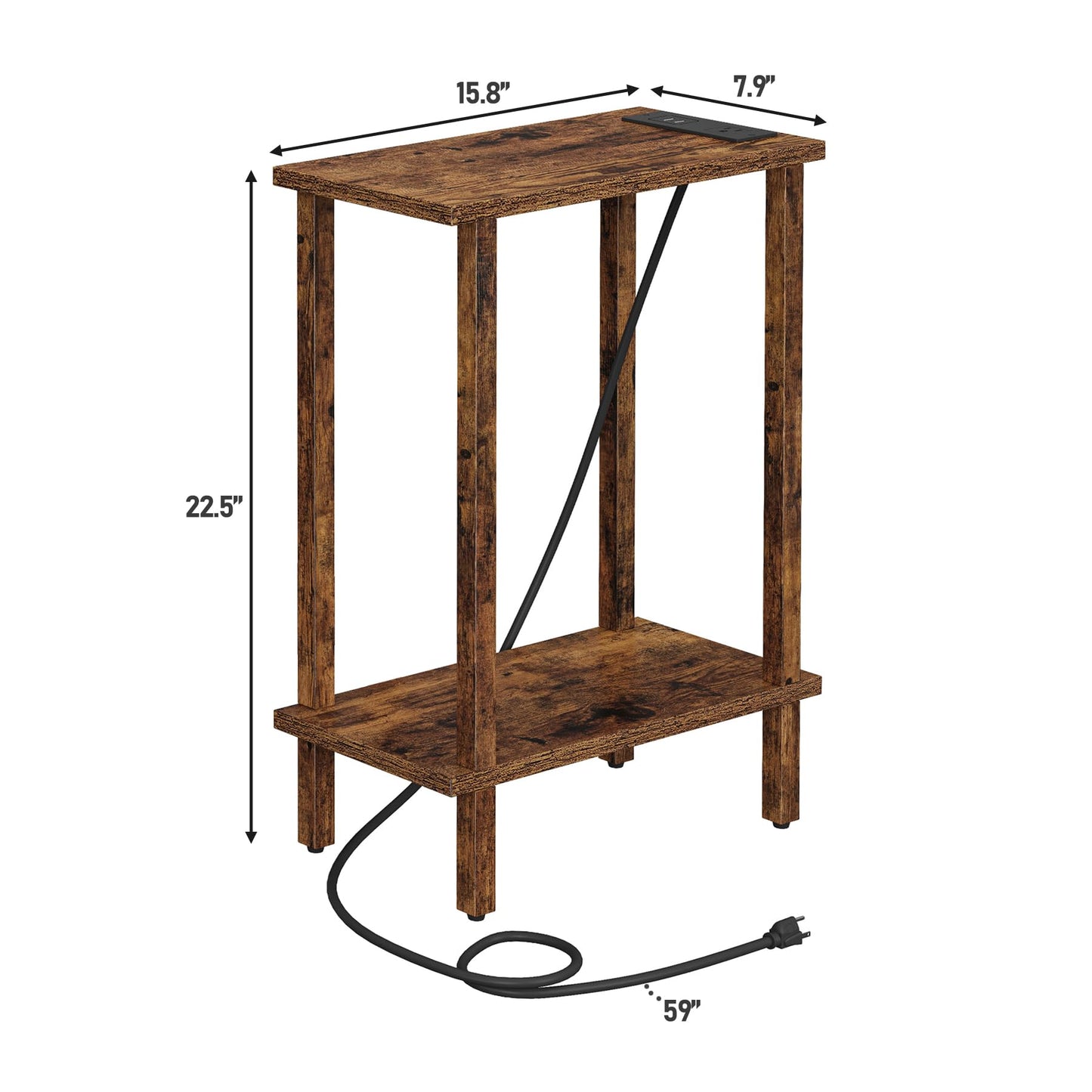 TUTOTAK Small End Table with Charging Station, Narrow Side Table with USB Ports and Outlets, Skinny Sofa Table, Slim Nightstand, Living Room, Bed Room, Pure Brown TB01BB060C