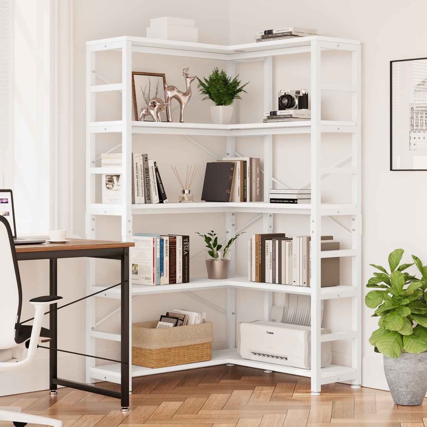 NUMENN 5 Tier Corner Bookshelf, Modern Corner Bookcase, Large Open Shelf Bookcase, Tall Bookshelves Storage Display Rack for Bedroom, Living Room and Home Office, White