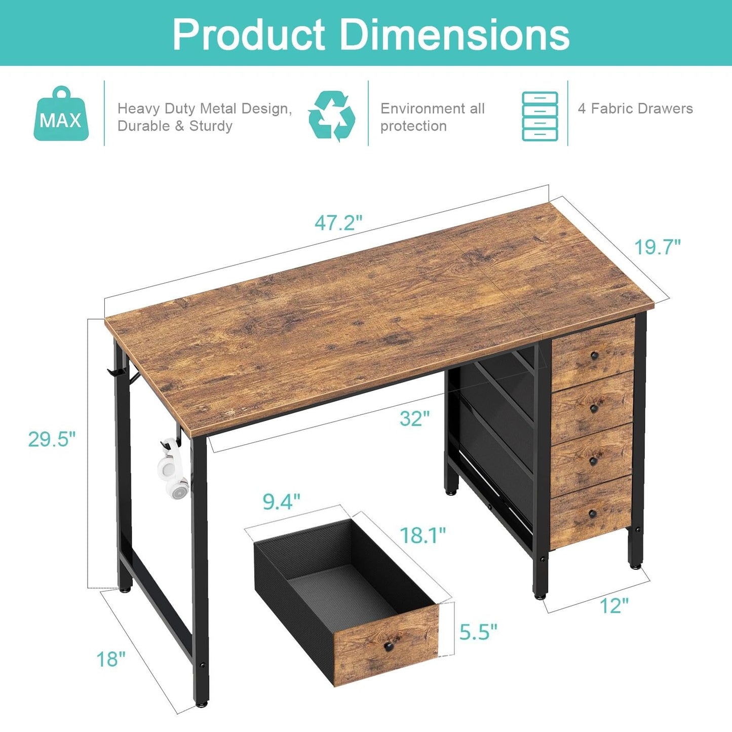 Lufeiya 47 inch Computer Desk with 4 Drawers, Reversible Writing Work Study Desk for Home Office Bedroom, Modern Simple Student PC Desks, Rustic Brown