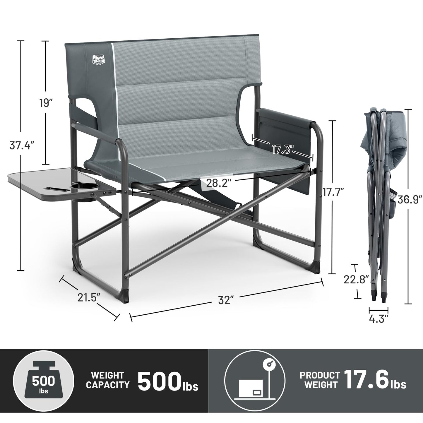 Timber Ridge XXL Director’s Chair – Heavy Duty Folding Camping Chair for Adults, 500lb Capacity, Extra Wide Padded Seat for Camping, Sports, Lawn, Courtyard, and Outdoor Use, Grey