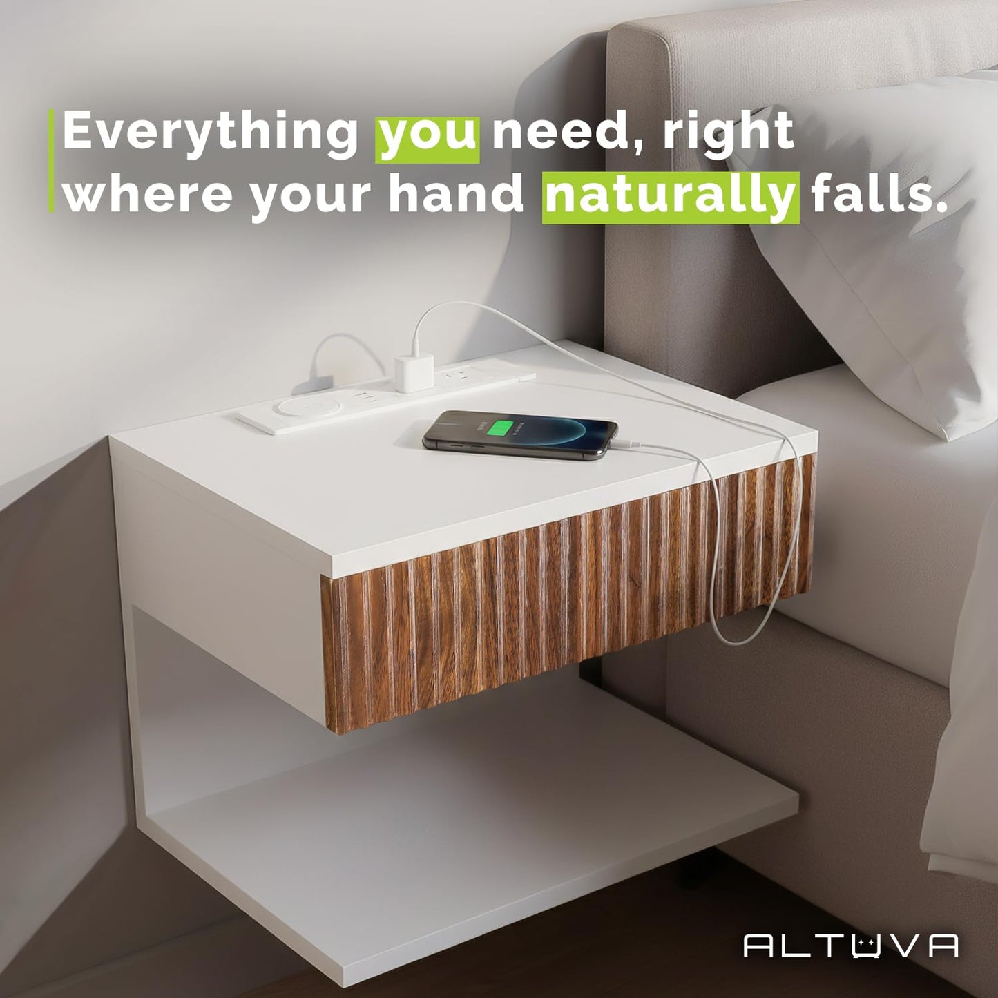 ALTUVA - Floating Nightstand Set of 2 with Charging Station – Modern White Wall Mounted Bedside Tables with Walnut Fluted Drawers – Mid Century Nightstands for Bedroom, Small Spaces, Retro MCM Style
