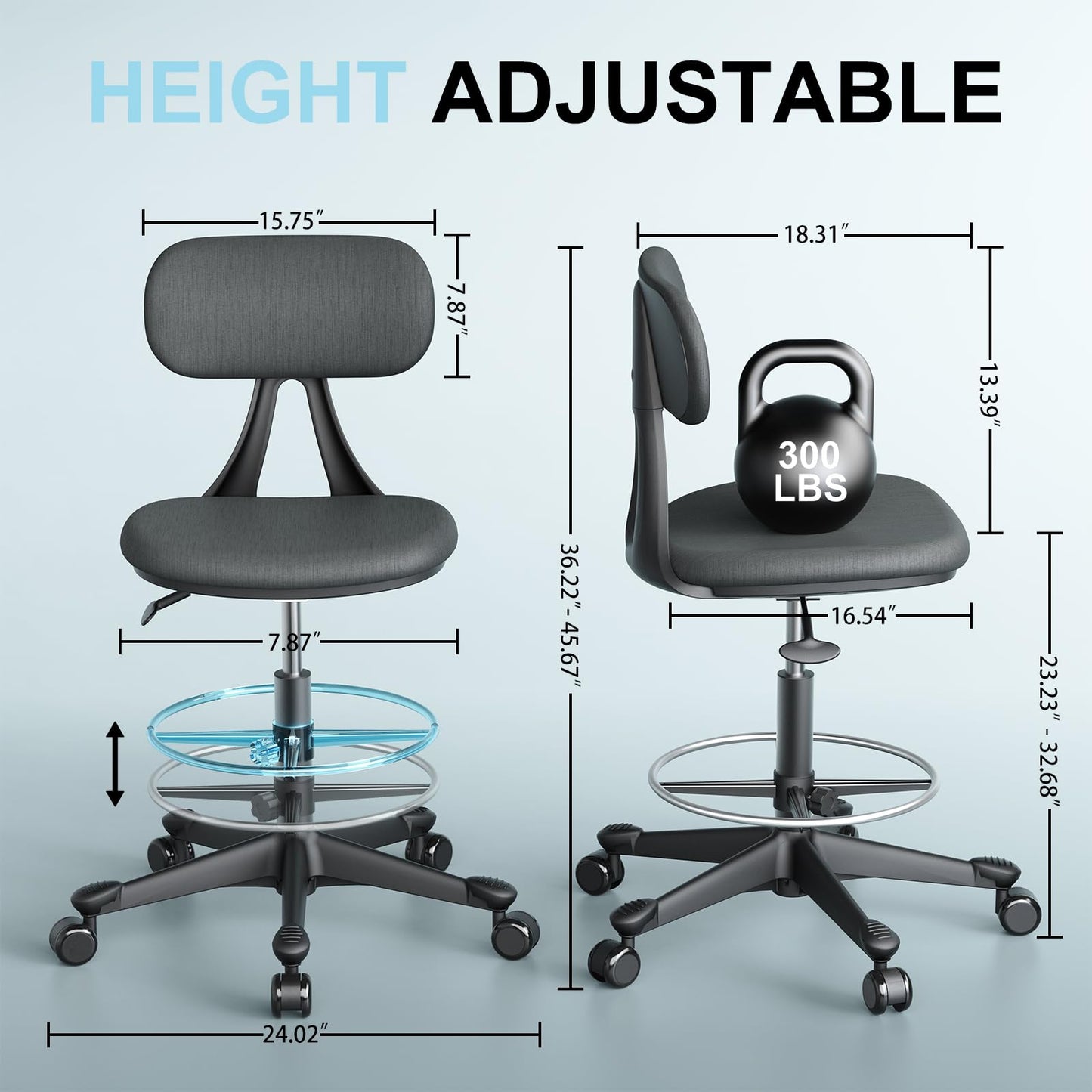 ERGO COLLECT Drafting Chair with Auto-Lock Gravity Wheel,Height Adjustable Standing Desk Chair,Tall Drafting Stool,with Back Support & Foot Rest,No Arms,for Studio,Lab,Office or Home