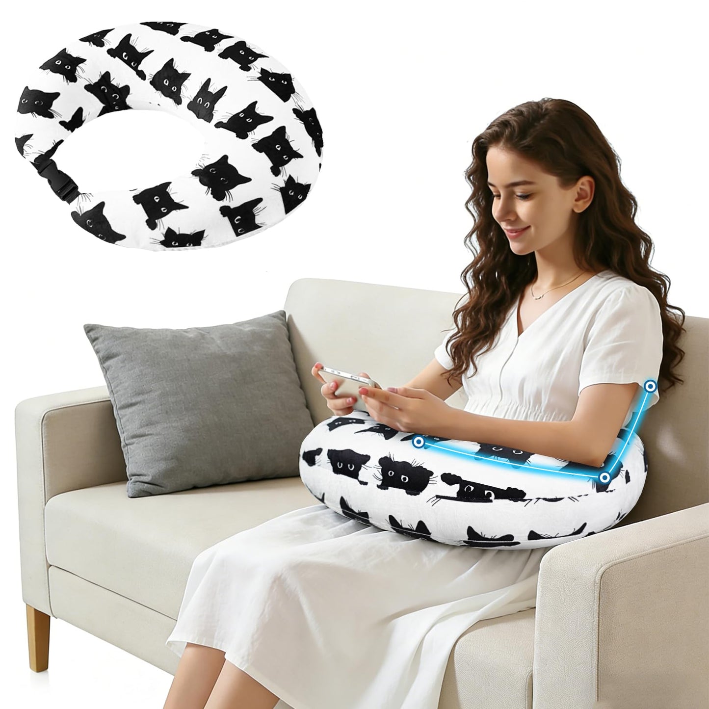 Crafting Pillow for Crocheting, Crochet Pillow for Lap Support, 12 Fun Print Styles, Ergonomic Arm Support, For Bed, Floor, Chair Comfort, Pain Relief and Fatigue for Gaming and Woking (Cat)