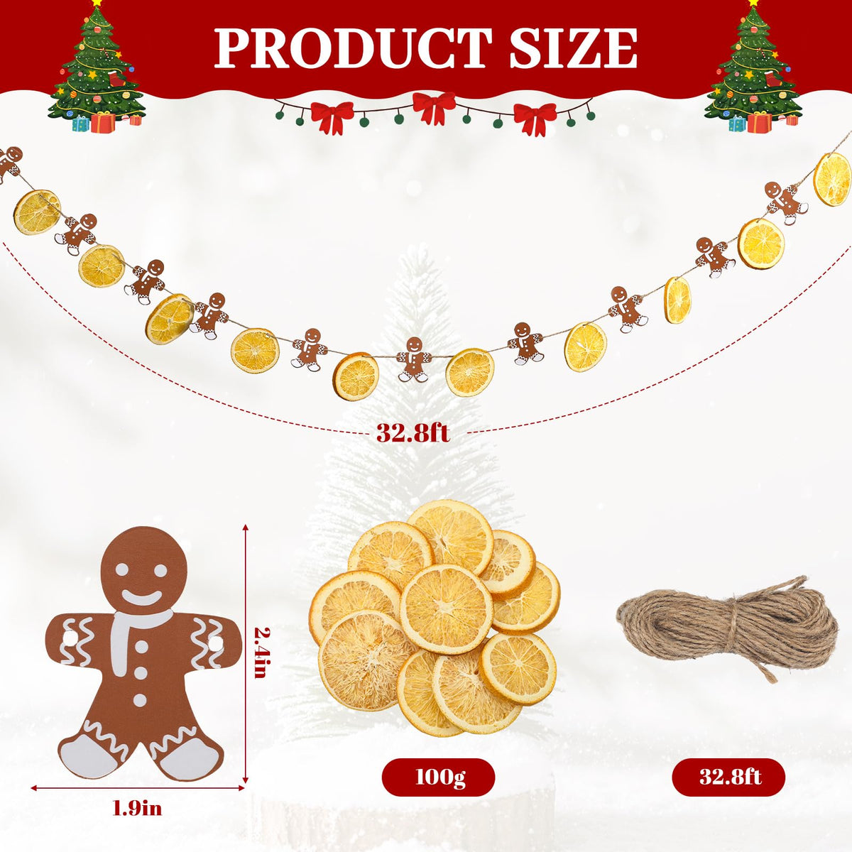 100g Christmas Potpourri Simmer Pot Kit Dried Orange Slices Gingerbread Men Hemp Rope Simmering Potpourri Bowl Filler Room Winter Holiday Natural Non Toxic Home for Xmas Scent Fragrance Decor