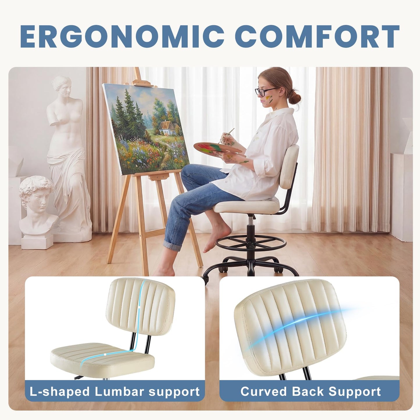 DUMOS Armless Drafting Chair, Low Back Office Seat with Adjustable Footrest Ring for Standing Desk, Ergonomic PU Leather Office Seating, Swivel Rolling High Stool for Studio, Lab, Counter, Beige