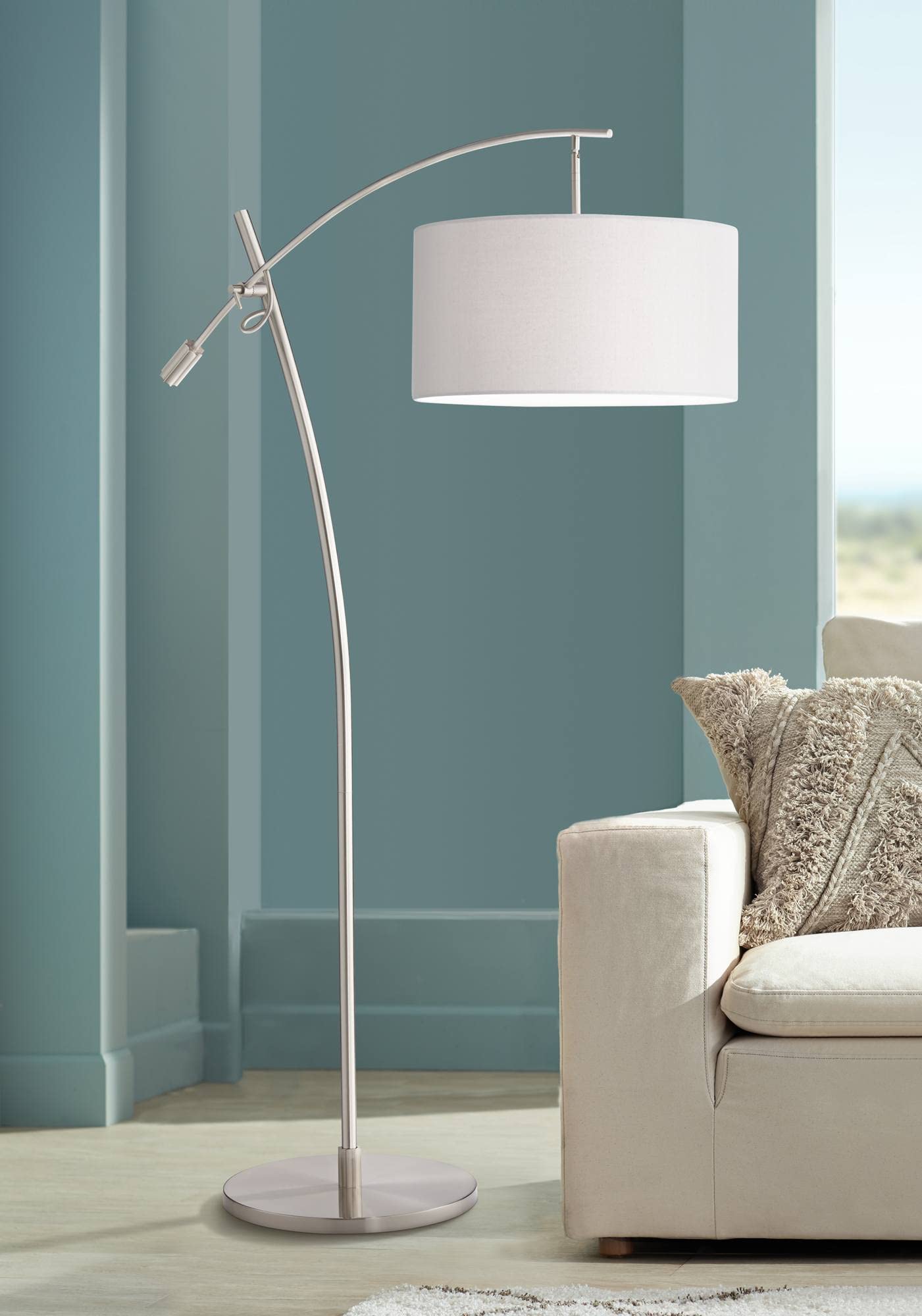 Possini Euro Design Modern Standing Arc Floor Lamp Adjustable Boom Arm 69" Tall Brushed Nickel Off White Linen Fabric Drum Shade Decor for Living Room Reading House Bedroom Home
