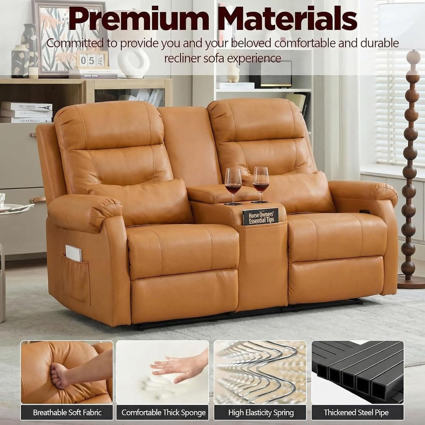 MANBUR RV Reclining Loveseat Sofa with Console, Wall Hugger Recliner Sofa, Double Recliner Home Movie Theater Seating with Cup Holders & Storage (Faux Leather Orange)
