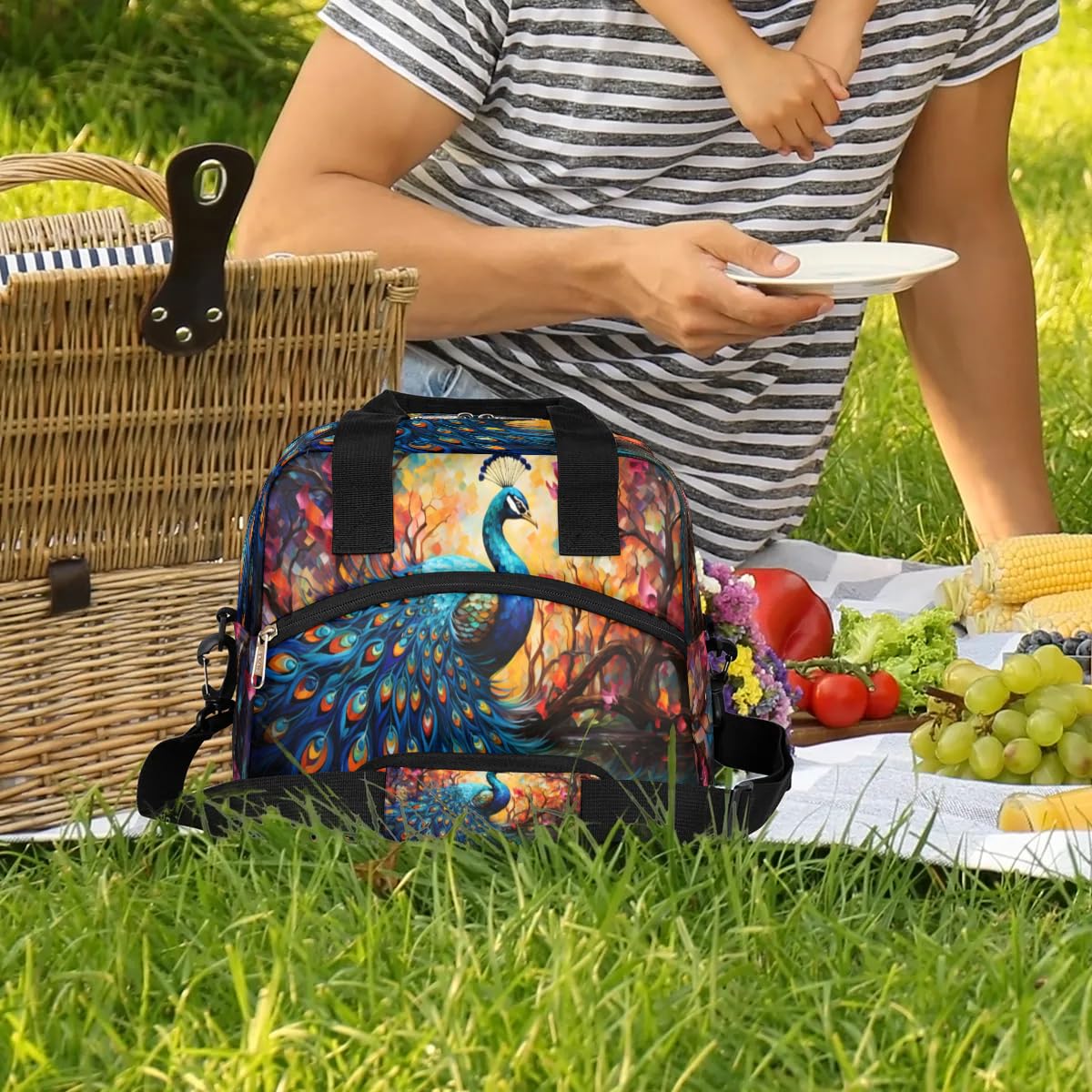 Insulated Lunch Bag Animal Peacock Lunch Box for Women Men Reusable Lunch Tote Bag with Adjustable Shoulder Belt Portable Lunchbox Cooler Bag Organizer for Office Work Picnic