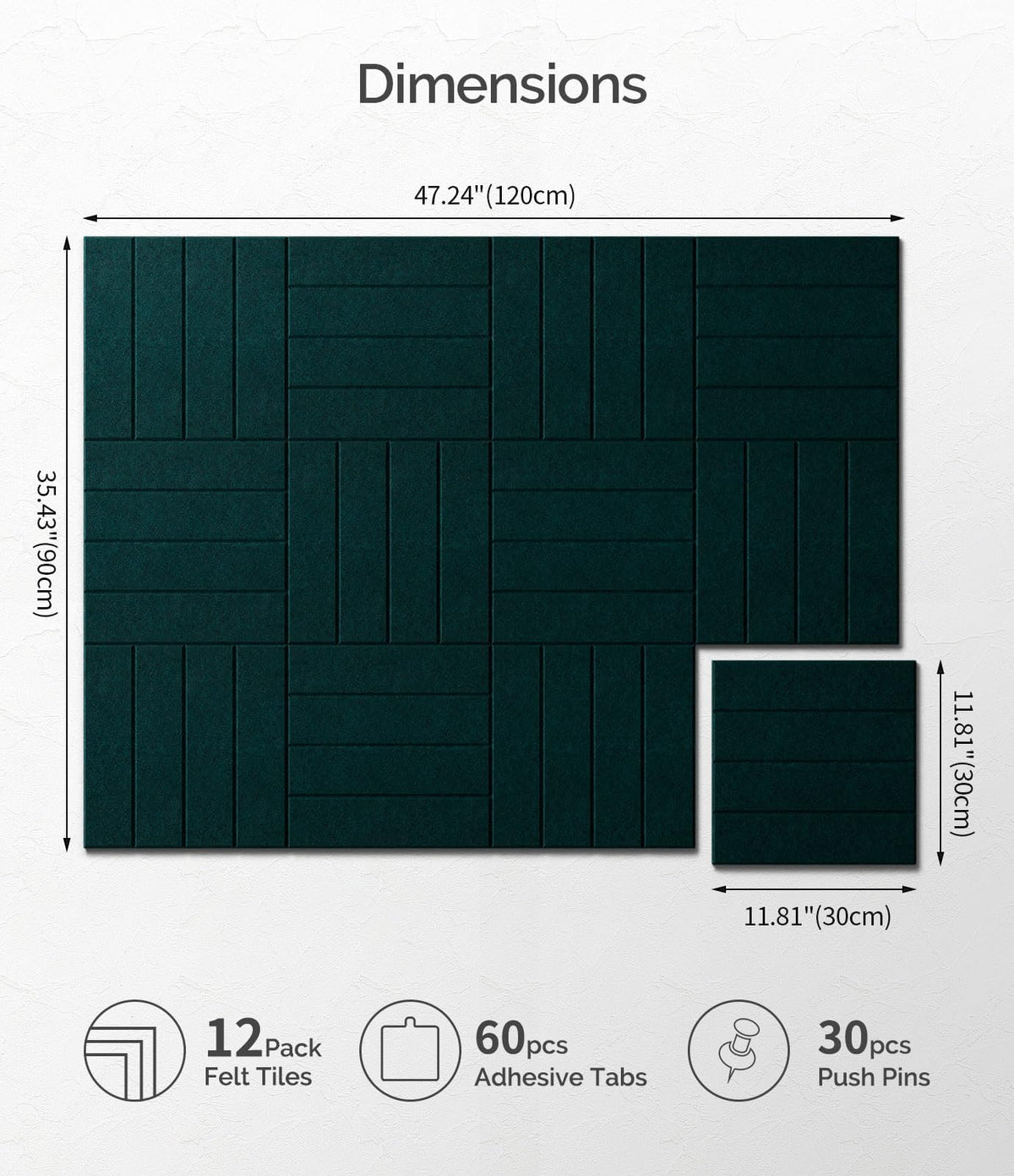 Bounmer Large Cork Board Alternative 48“ x 36”, 12-Pack Felt Bulletin Board Tiles with 60 Safe Removable Adhesive Tabs & 30 Pushpins, Cork Boards for Office Walls Decor (Pine Green)