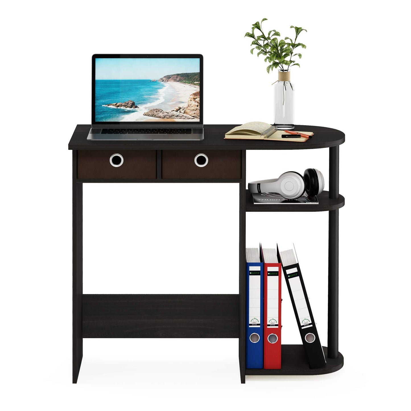 Furinno Go Green 32-Inch Black Computer Desk, Office Desk with 2 Side Shelves and Storage Bins, Rectangular Home Office Desk, Gaming Desk for Home Office, Bedroom, Study Room, Black Espresso