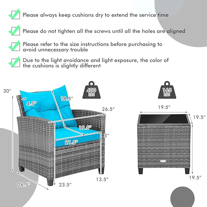 COSTWAY 3PCS Patio Furniture Set, PE Rattan Wicker Sofa w/Washable Cushion and