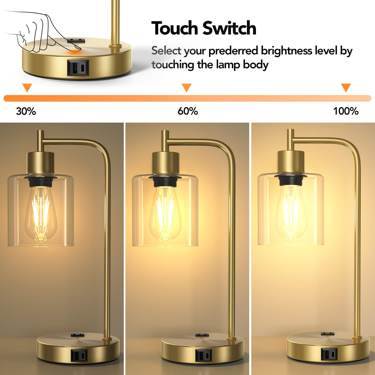 QiMH Set of 2 Industrial Touch Control Table Lamps with 2 USB Ports and 2 AC Outlets, 3-Way Dimmable Bedside Nightstand Reading Lamps with 2700K LED Bulbs, Glass Desk Lamp for Living Room,Bedroom