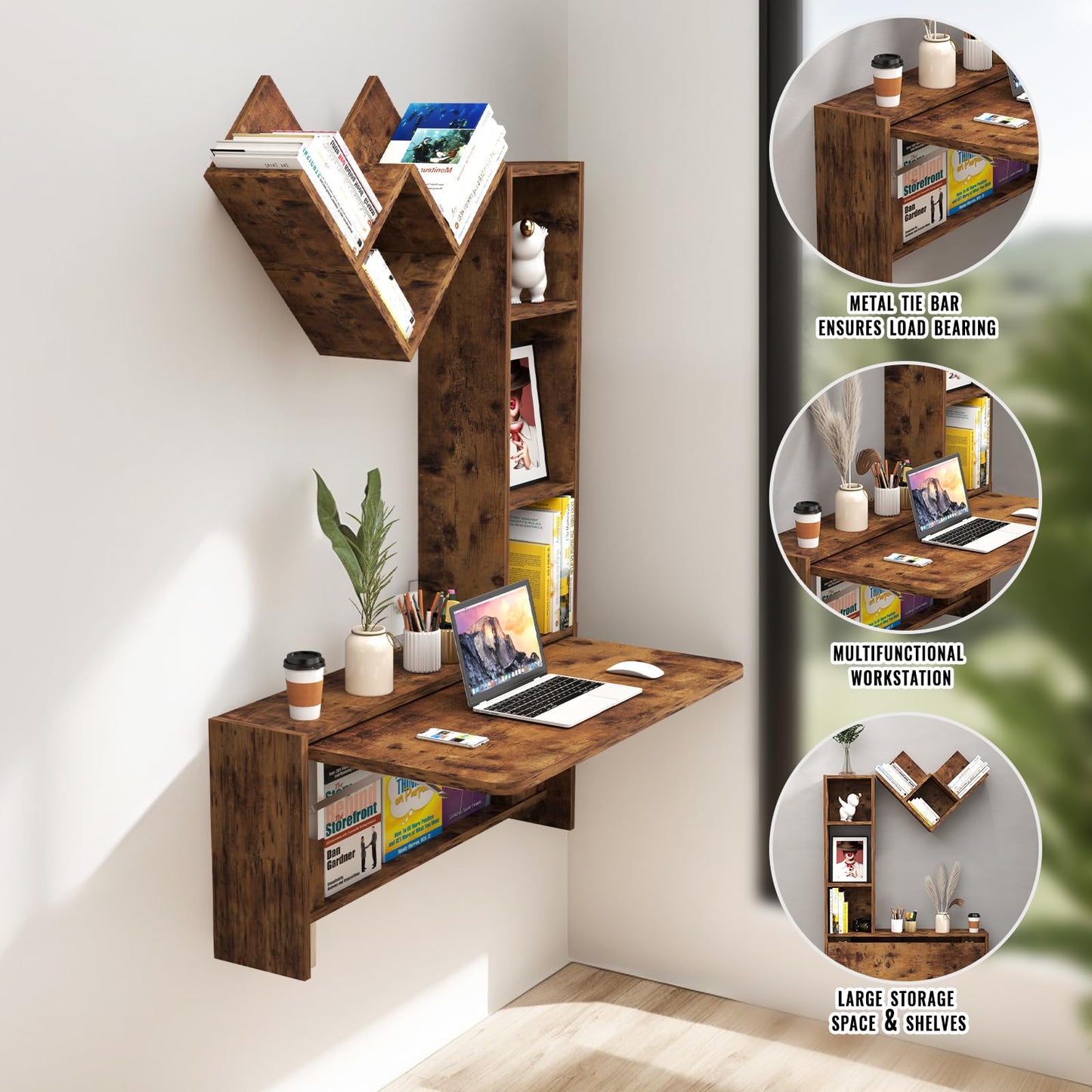 TuckTect Folding Wall Mounted Drop Leaf Table, Foldable Desk with Moveable Cabinets, Floating Laptop with Convertible Storage Shelves, Multifunctional Computer Workstation in Home for Space Saving
