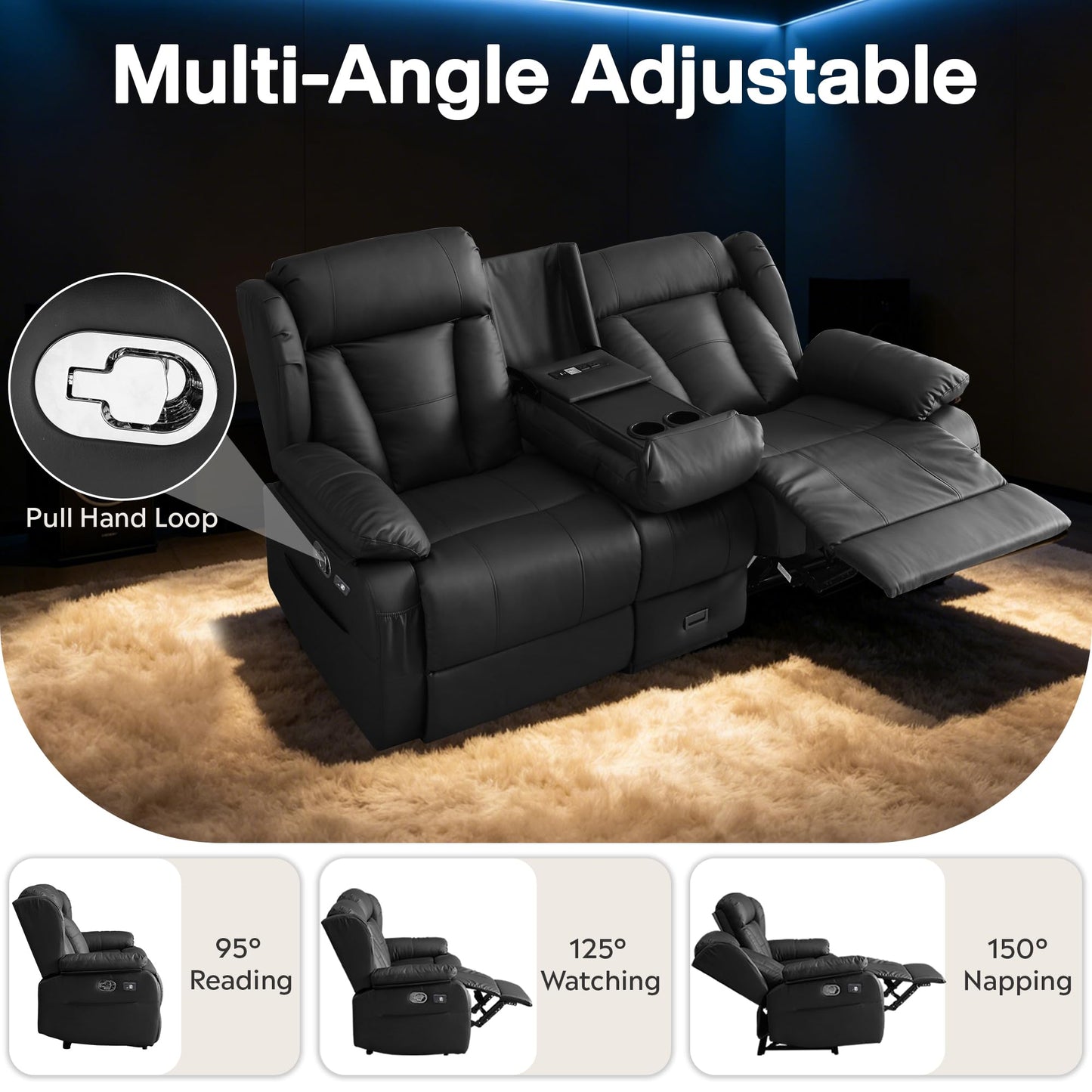 AHMED Loveseat Recliner Sofa with Console, Home Theater Seating with LED Lights, Cup Holders, USB Ports, Side Pockets, 2 Seater Manual Reclining Couch for Living Room, RV, Home Theater, Black