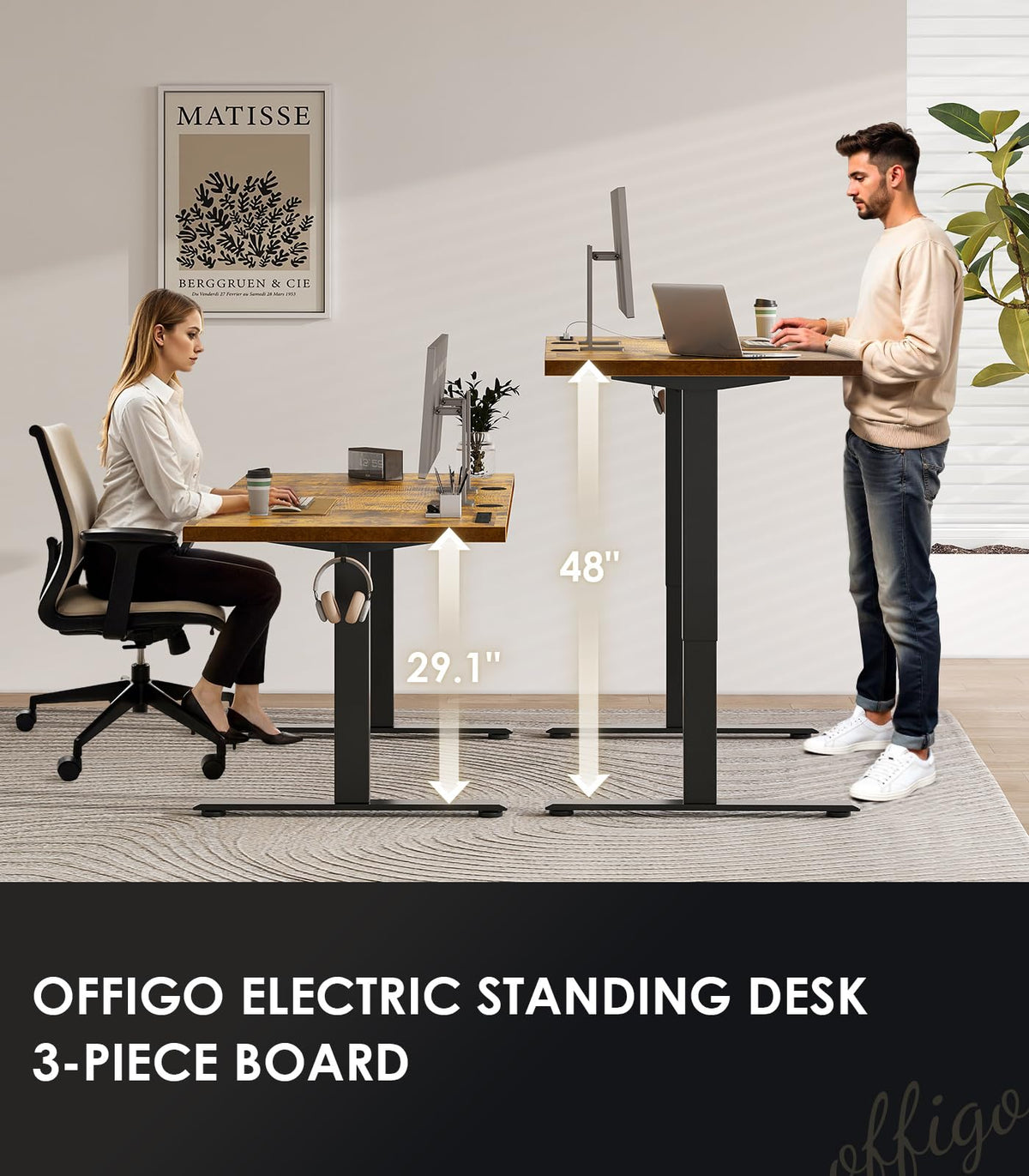 OffiGo 71 Inch Executive Electric Standing Desk, Height Adjustable Desk with Power Outlet & 1.38" Thick 3-Piece Desktop, Sit Stand Computer Desk for Home, Office, Conference Room, Rustic Brown