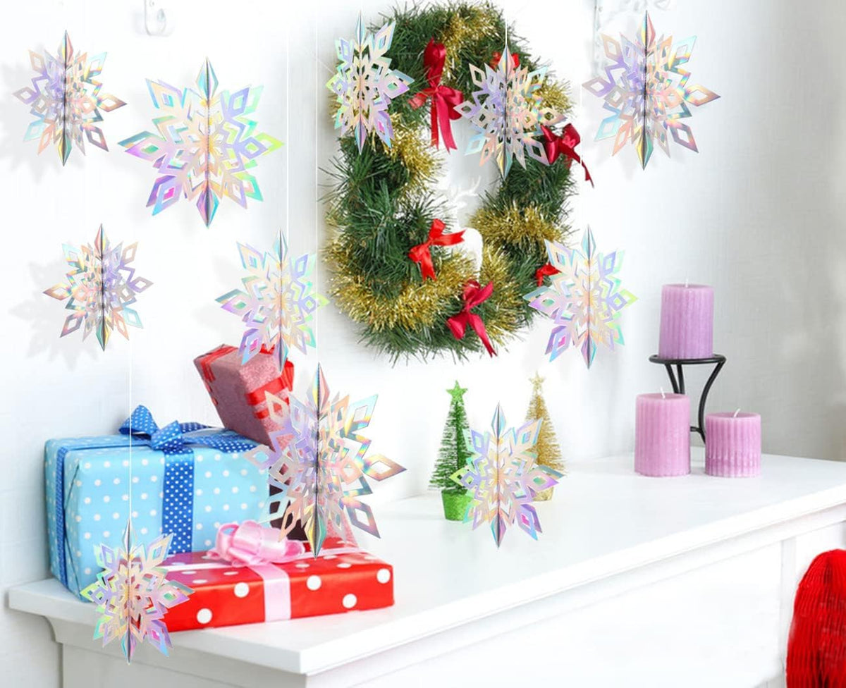 GuassLee Christmas Hanging Snowflakes Decorations Clearance 15pcs 3D Iridescent Paper Snowflakes Snow Flakes Garland for Winter Wonderland Frozen Christmas Birthday Party Decorations