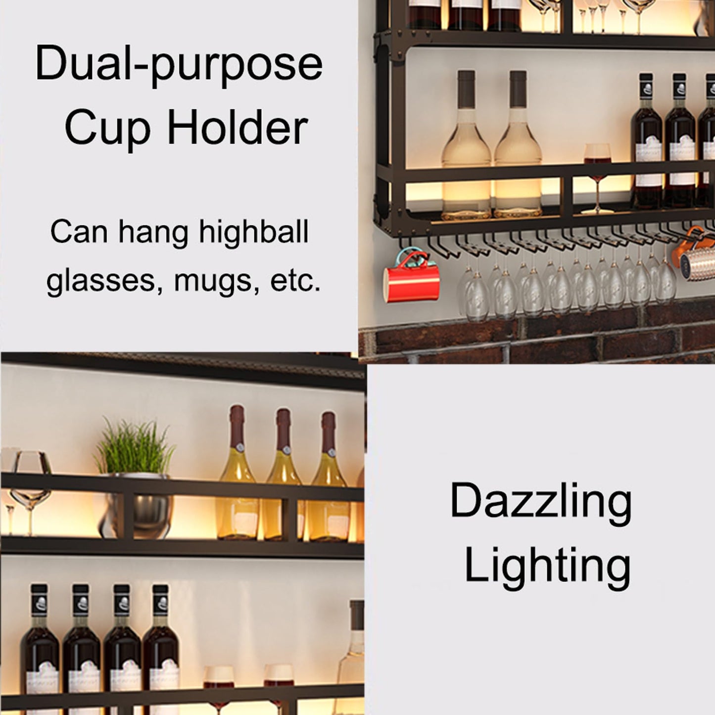 GBRMZOP Wall Mounted Wine Rack with LED Light Floating Bar Shelf & Liquor Bottle Display Kitchen Wall Shelf with Hanging Wine Glass Rack Stylish Home Bar & Cafe Decor (Black)