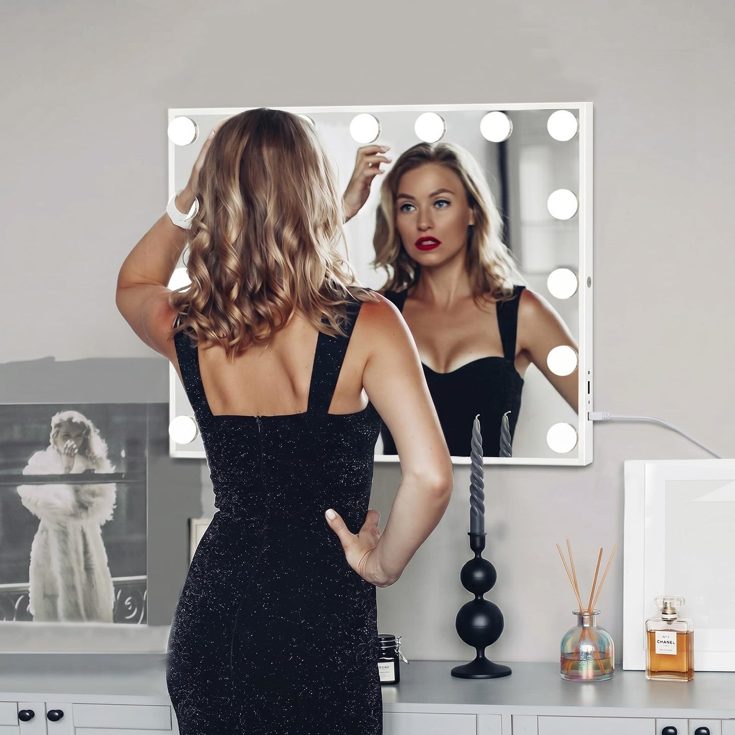 FENCHILIN Vanity Mirror with Lights, Hollywood Lighted Makeup Mirror with 15 Dimmable LED Bulbs for Dressing Room & Bedroom, Slim Metal Frame Design, Tabletop White