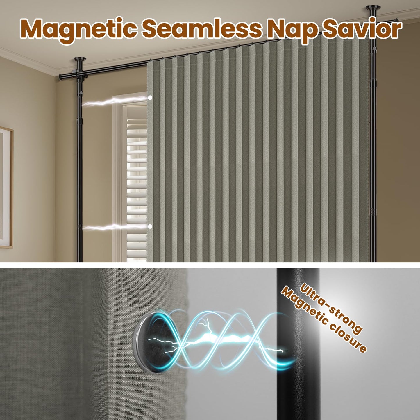 100% Blackout Room Divider Curtains Sets Grey 2 Panels W100 x L96in No Drill Curtain Rods(H) 43-120×(W) 35-200 in for Bedroom Privacy Partition Separator