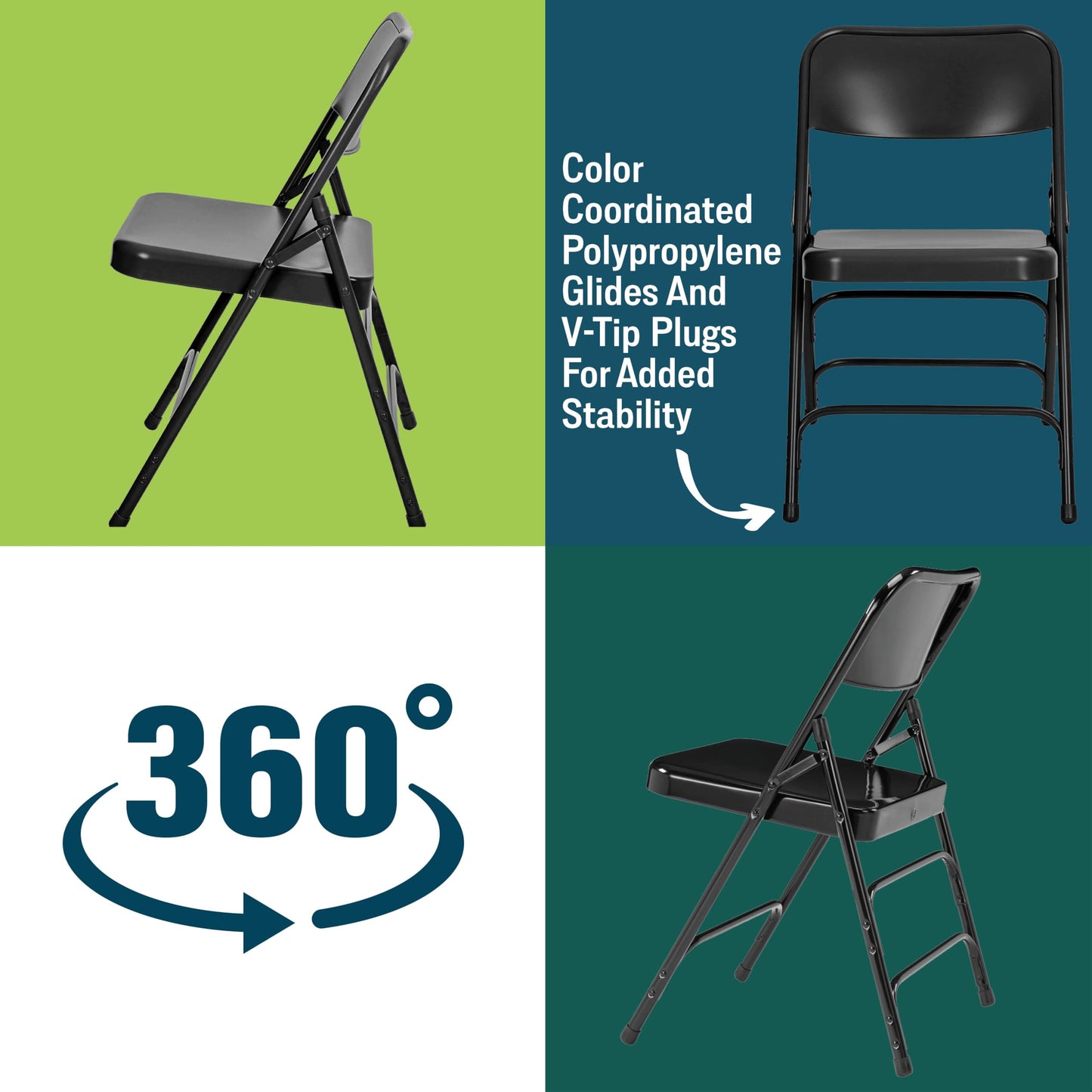 National Public Seating 300 Series, Model 310 All Steel Premium Folding Chair with Triple Brace, 480 lbs Capacity, Black (Carton of 4)
