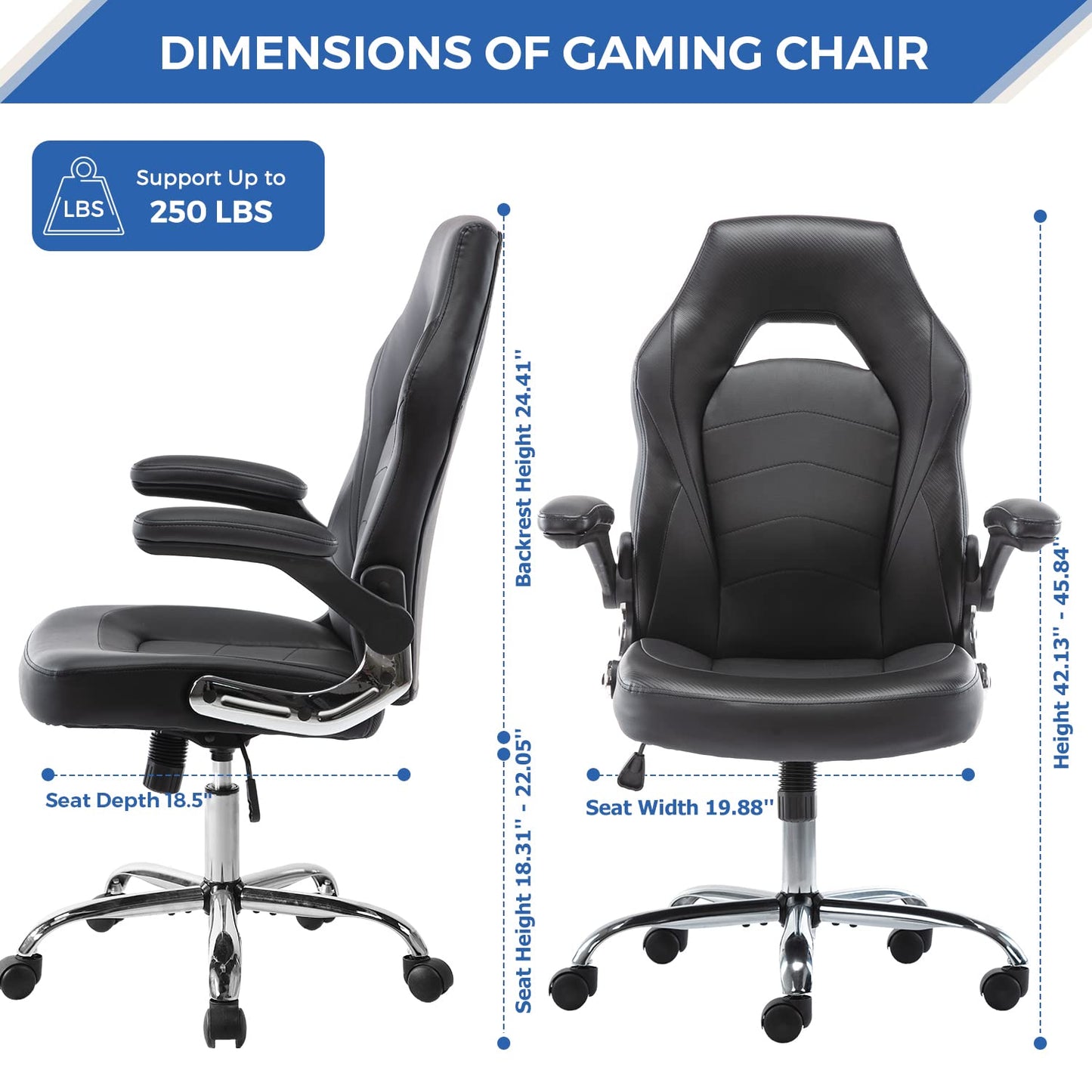 ZUNMOS Home Gaming Ergonomic Office Flip-up Armrest and Height Adjustable Desk Splicing PU Leather Computer Chair with Lumbar Support, Black (3959-BKZ6)