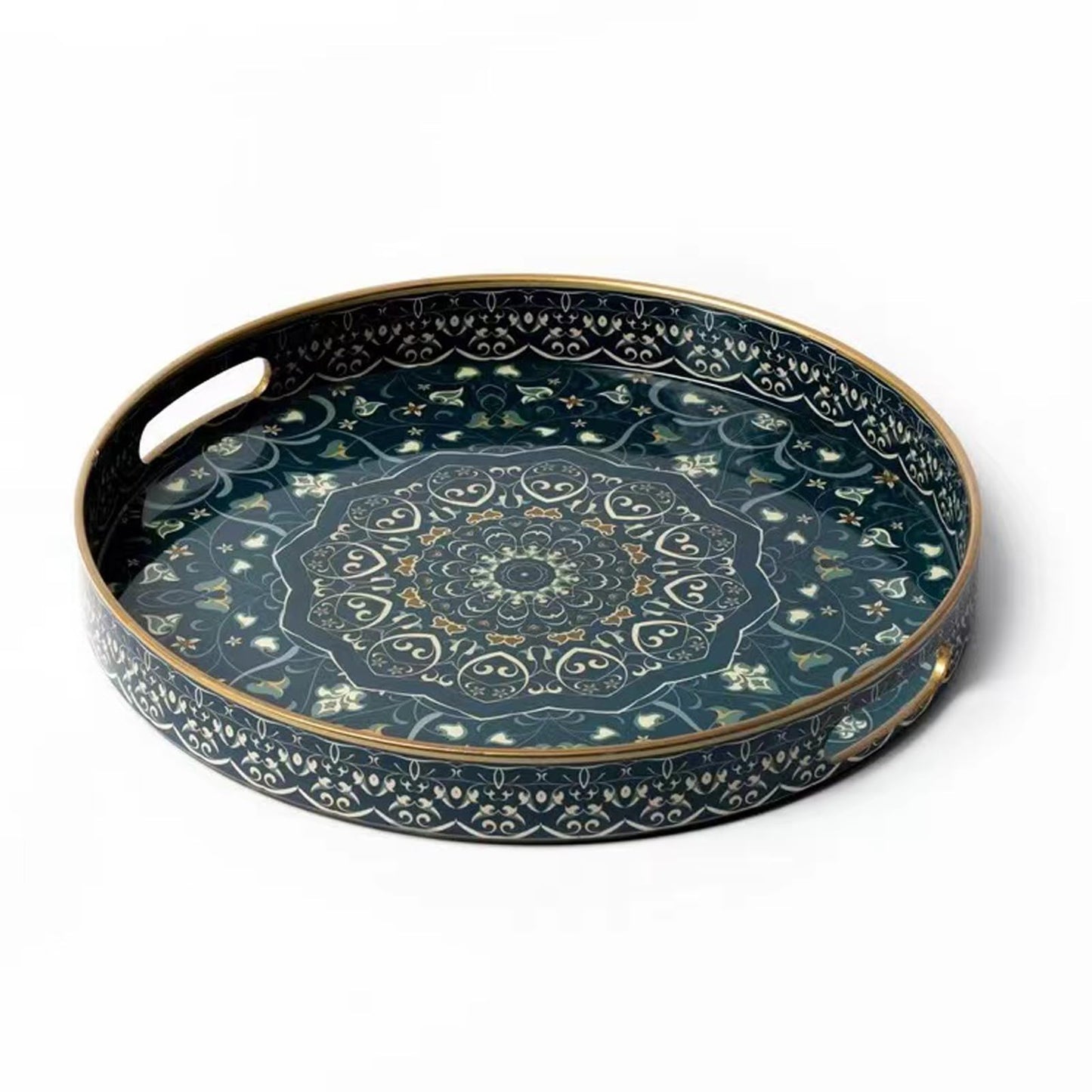 Fuukou Round Serving Tray with Handles - Large Round Ottoman Tray Coffee Table Tray,Plastic Decorative Serving Trays for Coffee Table,Round Boho Tray for Ottoman Living Room