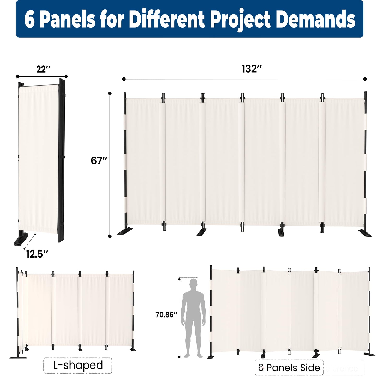 Phonjoroo Room Divider, 6 Panel Upgraded Folding Privacy Screen, 132” Highly Secretive Separation with 4 Metal Feet, Partition Screen, Lightweight Freestanding Wall Divider Bedroom (White)