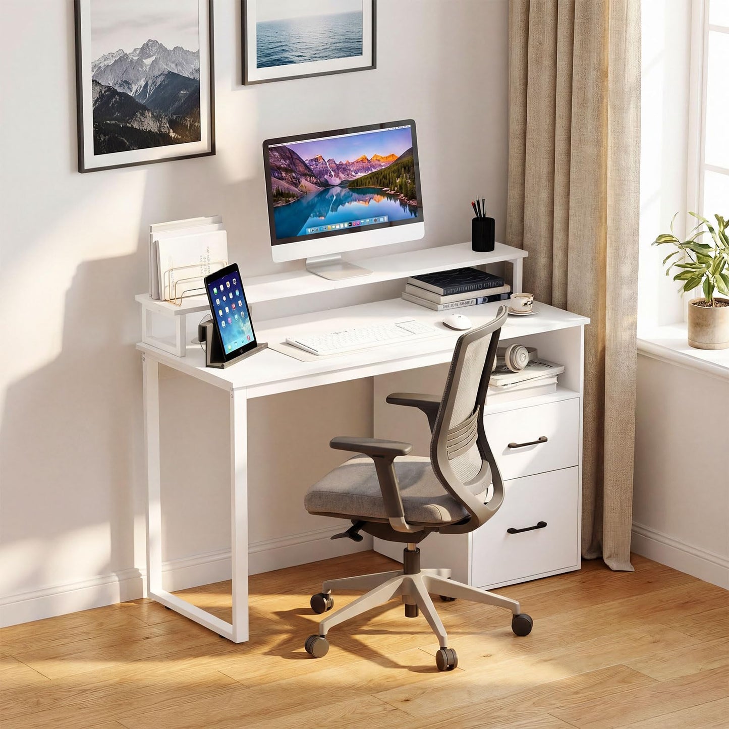 Tangkula Computer Desk with Storage Drawers & Shelves, 48" Home Office Desk with Monitor Stand & Power Outlets, Modern Study Work Writing Table, PC Laptop Desk for Small Spaces, Bedroom, White