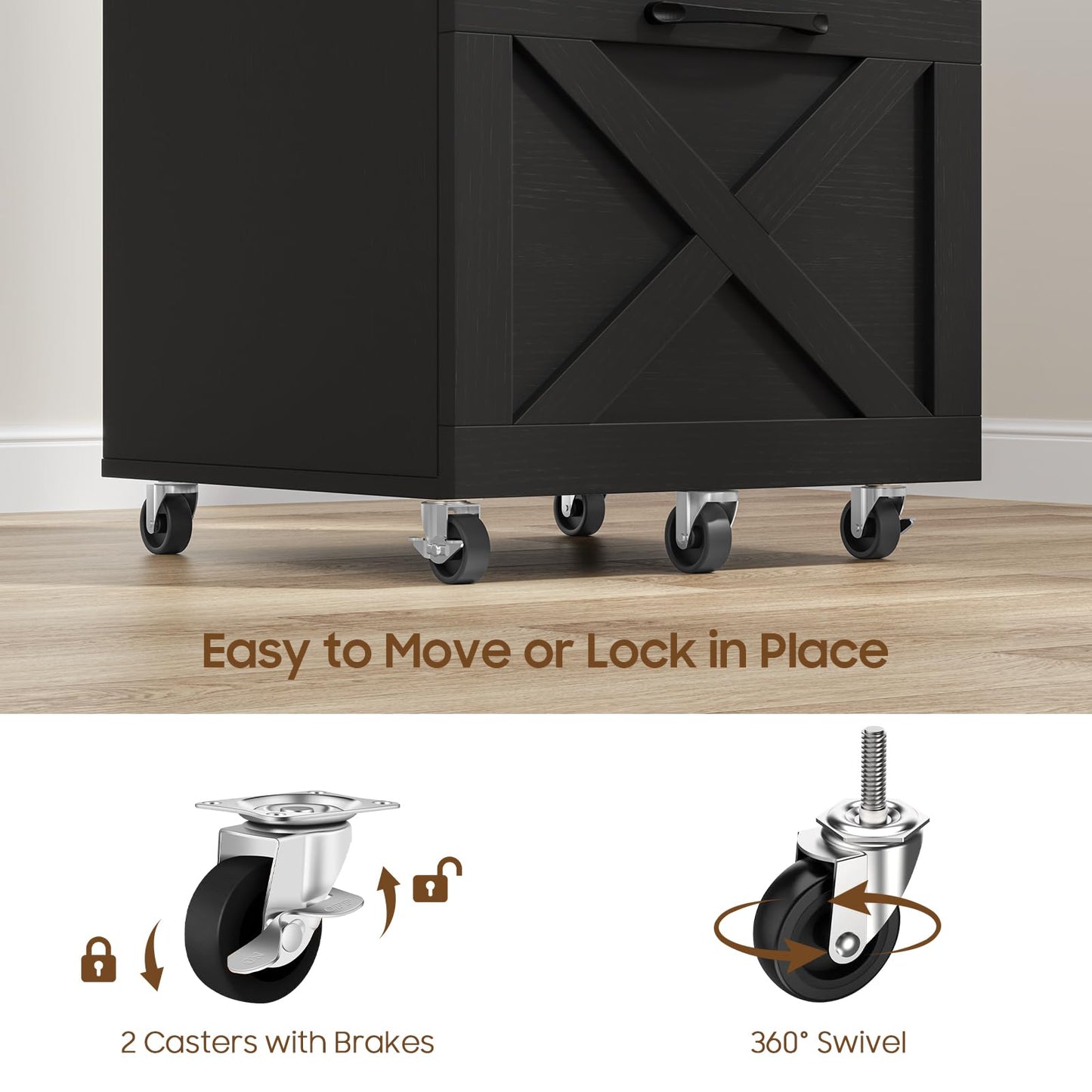 Halitaa 2 Drawer Small File Cabinet with Wheels, Farmhouse Vertical Filing Cabinet Fits A4 or Letter Size, Under Desk Rolling File Cabinets for Home Office, Wooden Printer Stand, Black