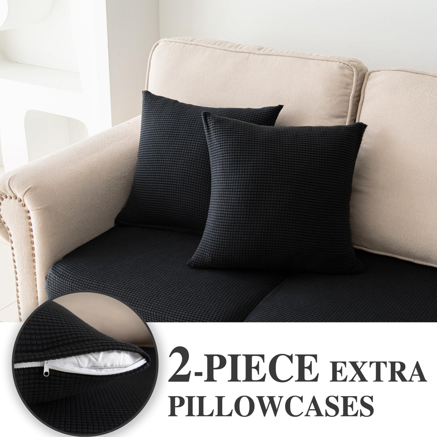 LA MEACK Couch Cushion Covers for Sectional Sofa L Shape Washable Separate Seat Chaise Couch Cover Stretch Sofa Slipcovers with 2 Pcs Pillowcases(3 Seater + 1 Chaise, Black)