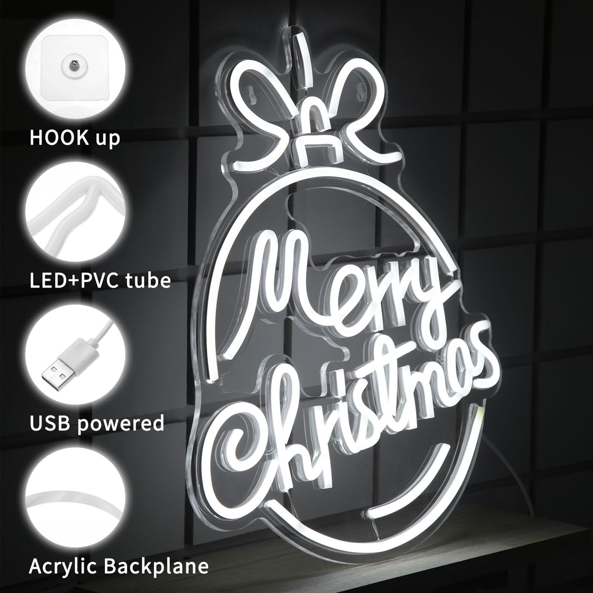 Xuhal Merry Christmas Neon Signs Acrylic Neon Light White Merry Christmas LED Light USB Powered Led Sign for Wall Decor Party Room New Year Wedding
