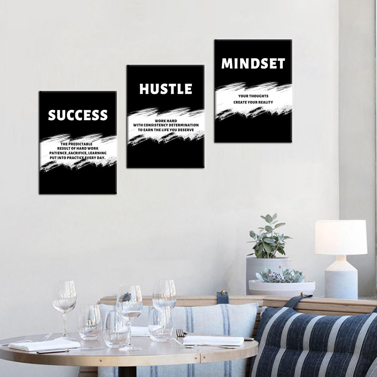 PSYYSP 3 Piece Canvas Wall Art Success Hustle Mindset Posters, Black White Motivational Triptych Wall Decor for Office, Bedroom, Dorm, Business Workspace, Framed Canvas 36x16inch