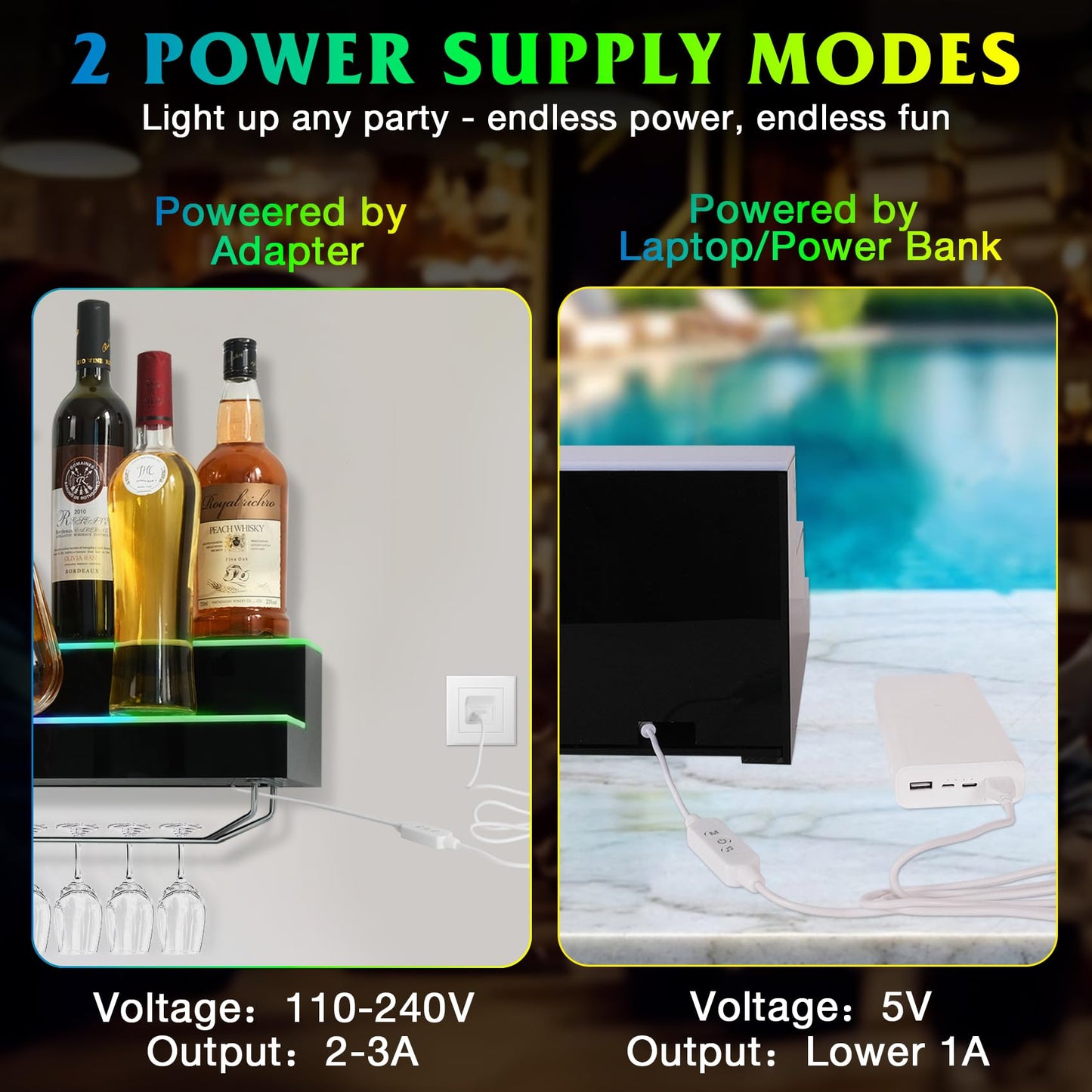 LED Lighted Liquor Bottle Display Shelf Wall Mount Wine Rack, 2 Tiers 24Inch Bar Bottle Display Shelf with Glass Holder Remote and App Control for Home Bar Party Whiskey Coffee Bottles Display