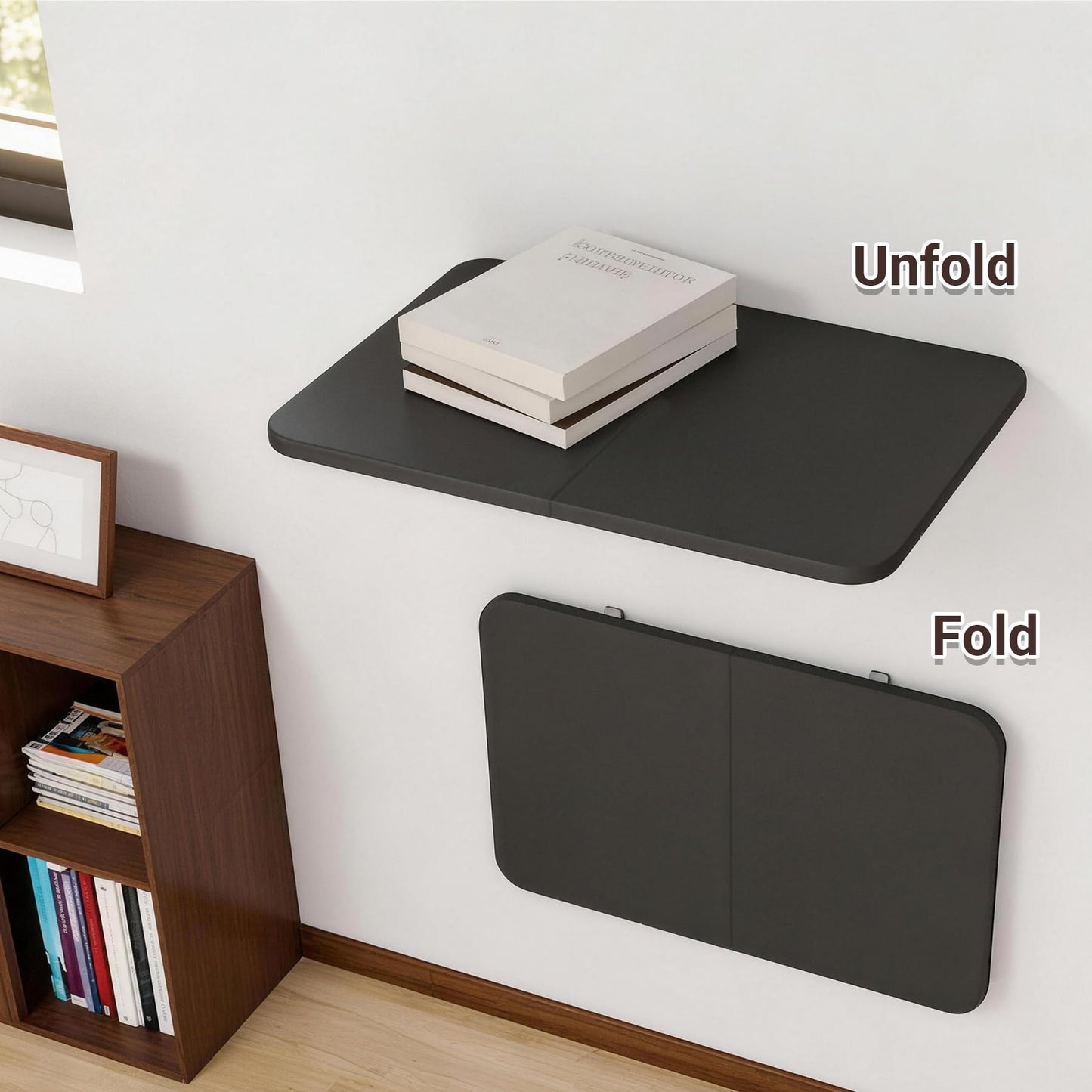 Neoaider Wall Mounted Folding Desk 23.6” x 15.7”, Drop Down Table with Metal Collapsible Brackets, Folding Wall Table for Small Spaces, Home, Office, Kitchen, Laundry Room-Black