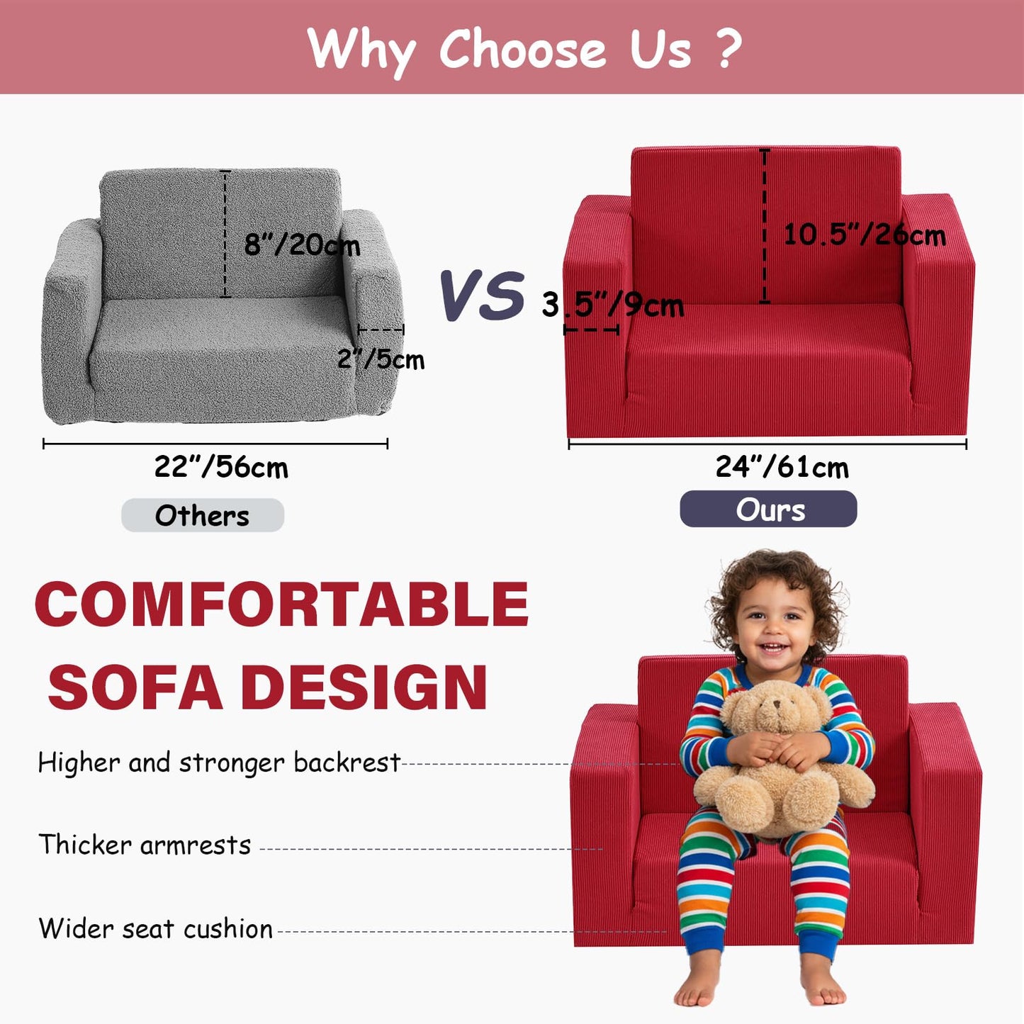 Tiita 2-in-1 Kids Sofa, Convertible Children Couch to Lounger, Flip Out Kids Chair, Toddler Armrest Chair Bed, Folding Kid Play Sofa for Girl or Boy, Corduroy Red