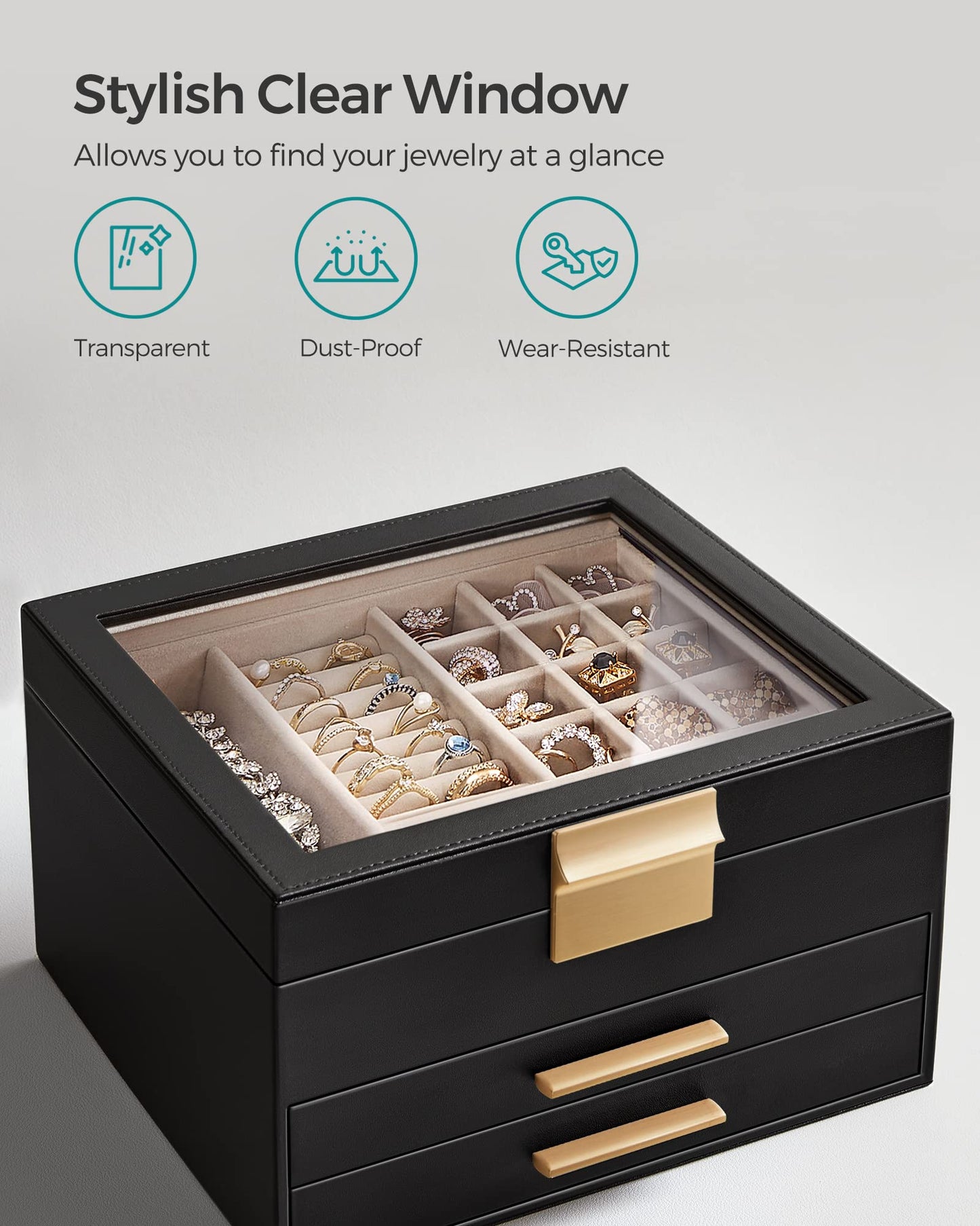 SONGMICS GISELLA Collection - Jewelry Box Organizer, 3-Layer Jewelry Storage with 2 Drawers, Shiny Metal Hardware, Glass Lid, Modern, 8 x 9.1 x 5.3 Inches, Graphite Black and Gold Color UJBC239B03