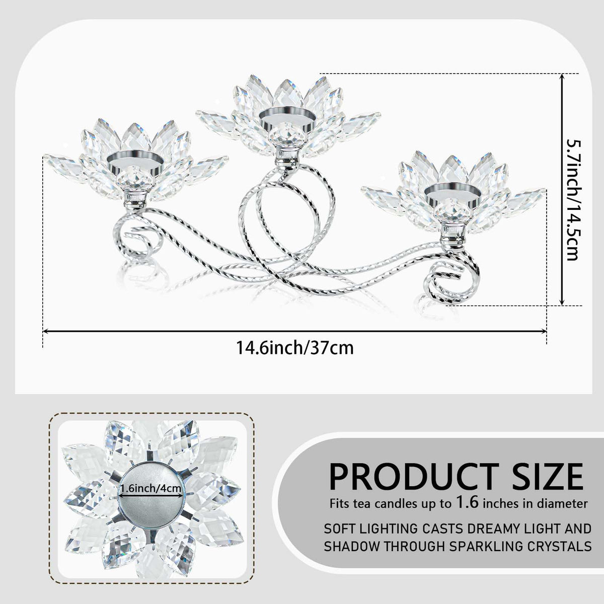 2Pcs Siver Kehail Crystal Metal Tea Light Candle Holder Set, 3-Arm Flower Shaped Crystal Votive Candlestick Holders for Table Centerpiece, Wedding Shower, Party and Home Decor