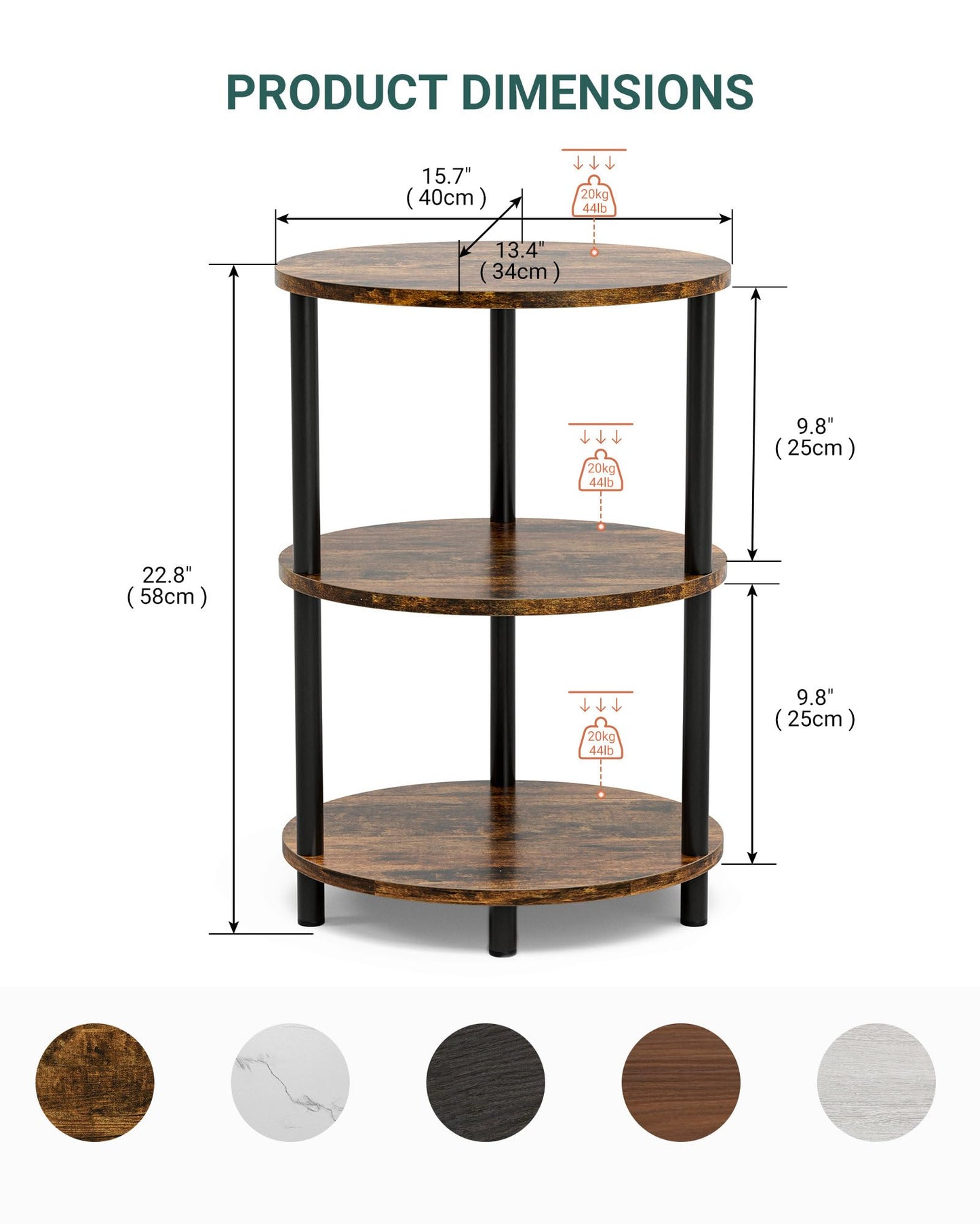 RISWER Round Small Side Table - 3 Tier Oval Accent Table for Small Spaces, Rustic Wood and Metal Couch End Table, Nightstand for Bedroom or End Table Living Room, Easy to Assemble, Rustic Brown