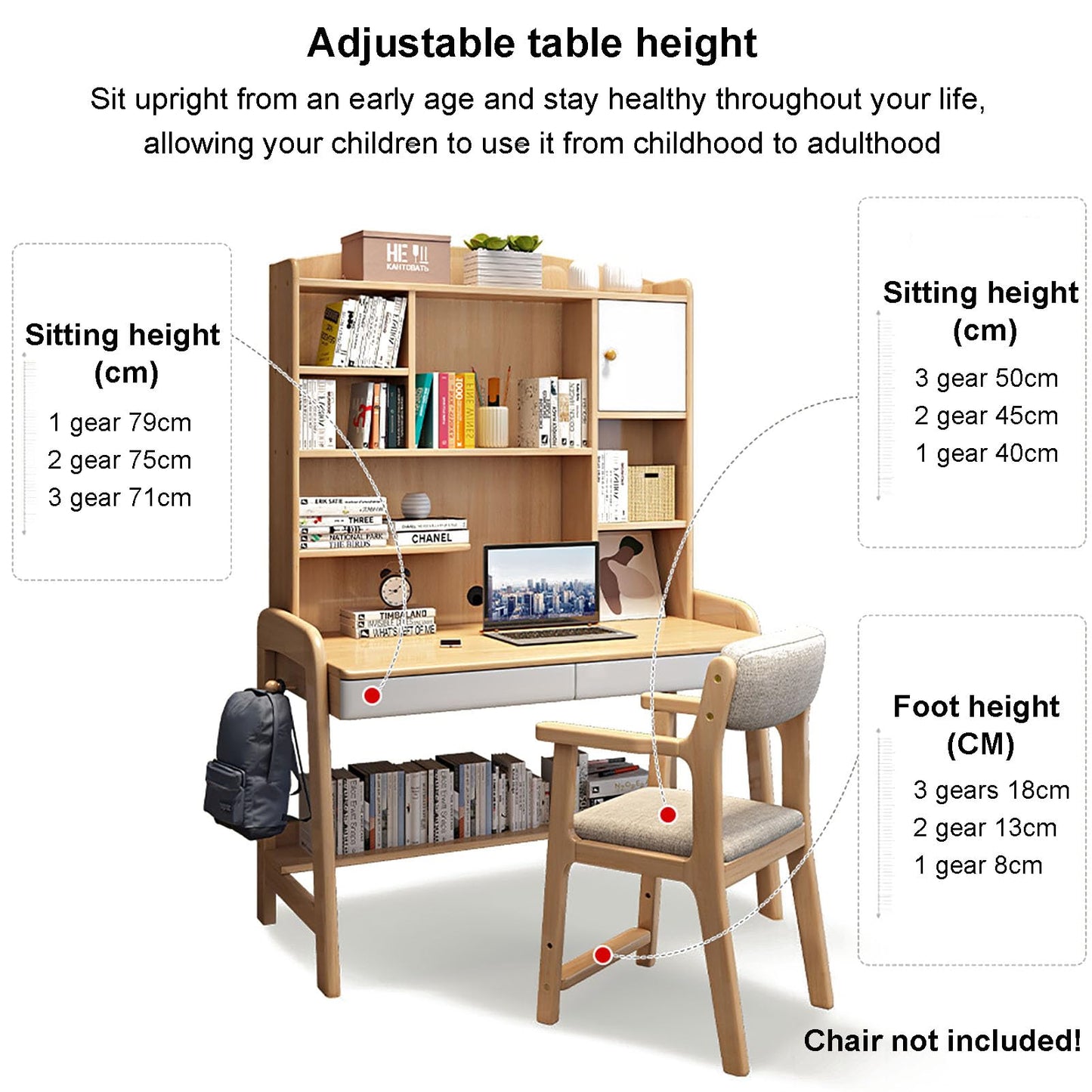 Study Desk Table with Hutch & Bookshelf & Drawers,Solid Wood Chi-*ld*ren Computer Desk Office Desk,Height Adjustable Workstation Teen*AGER Writing Desk for Home School, 126x60x177cm(50x24x70in)